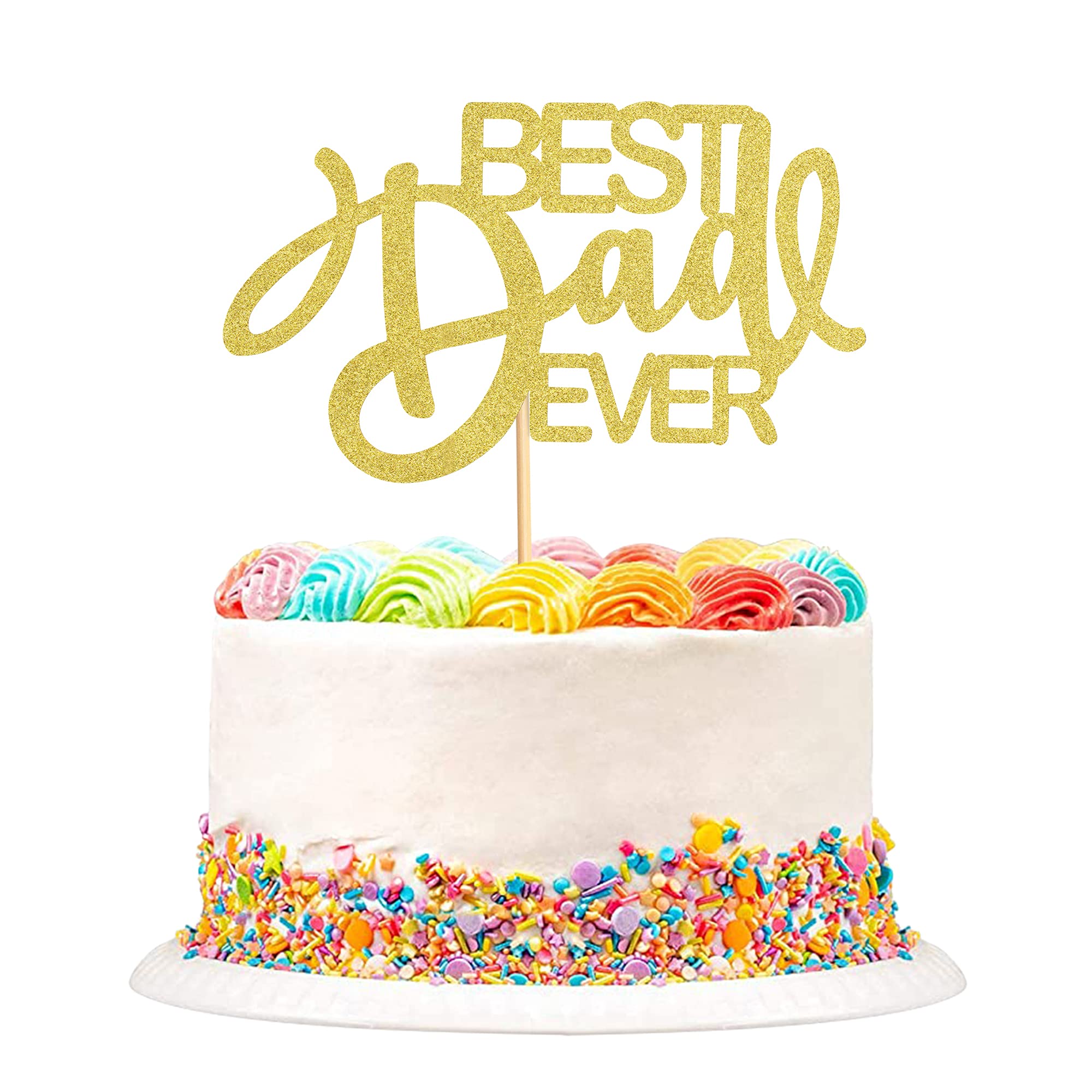 1 PC Happy Father's Day Cake Topper - Best Dad Ever Gold Glitter Cake Decoration for Birthday Parties, Father's Day Celebrations & Special Occasions (Bestdad Curly GLD)