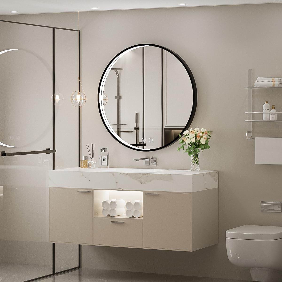 24 Inch Round LED Bathroom Mirror with Anti-Fog & Dimmable Touch Switch - Black Metal Frame Vanity Mirror, Waterproof IP54, 90+ CRI - Perfect for Makeup, Shaving & Home Decor