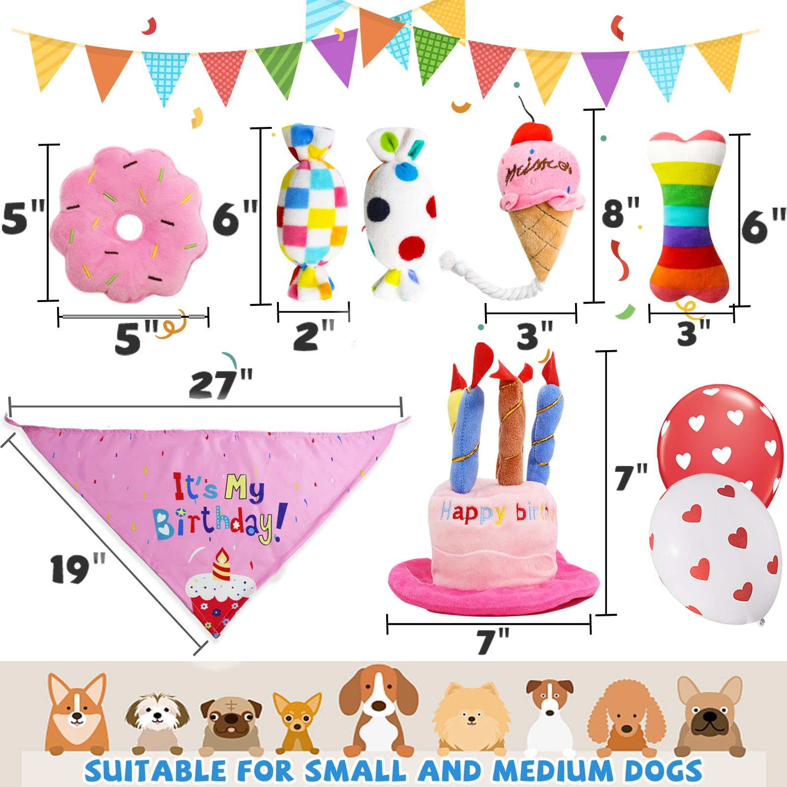 Happy Birthday Dog Toys - 9 Pack Pink Squeaky Plush Birthday Cake Hat & Bandana Set for Small & Medium Dogs | Perfect for Dog Birthday Parties, Puppy Celebrations & Gift Giving Occasions