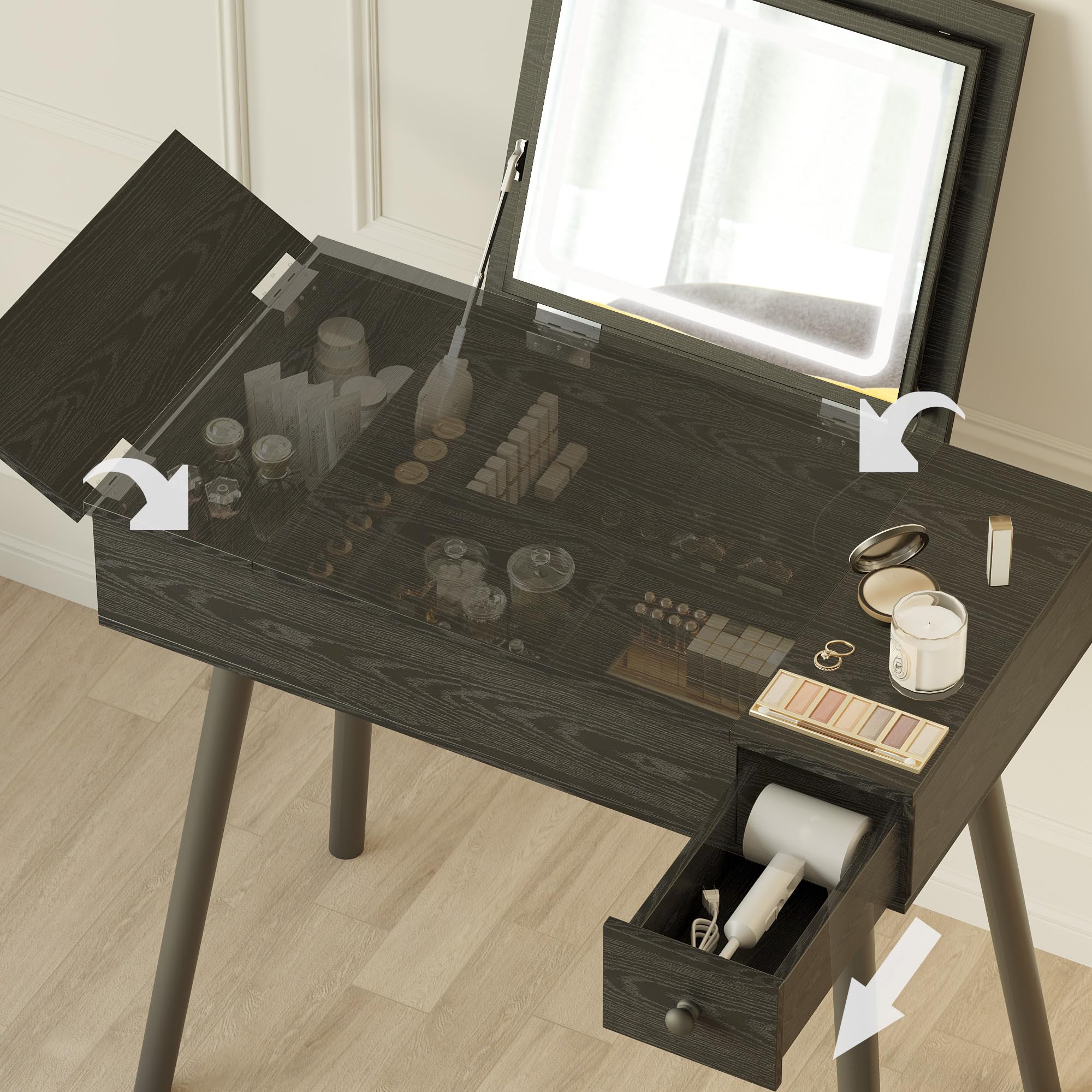 IRONCK LED Vanity Desk with Mirror & Outlet - Makeup Table for Bedroom
