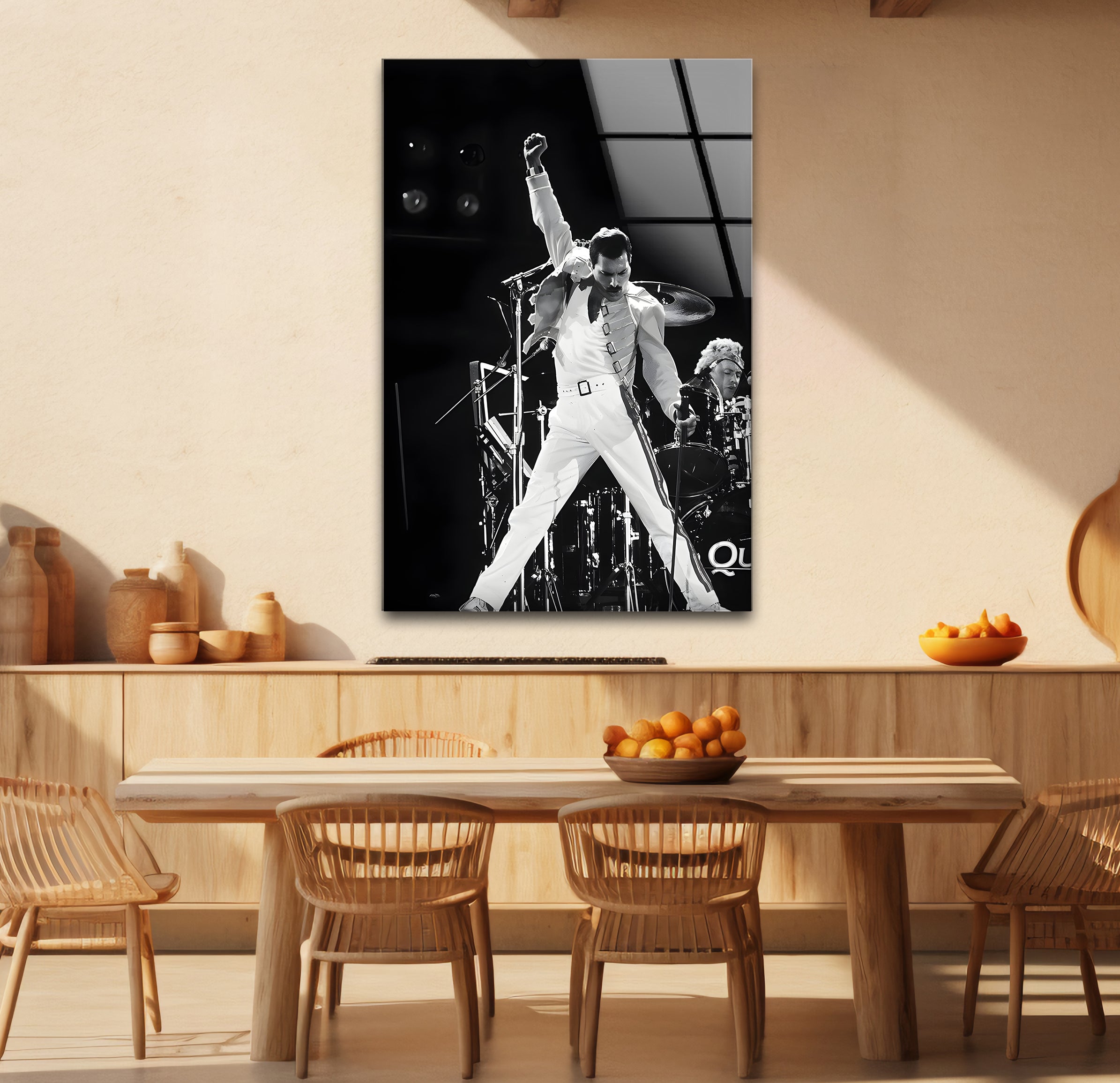 Freddie Mercury Glass Wall Art - Black & White Queen Band Tribute for Home & Office Decor - Perfect for Music Lovers & Retro Style Interiors