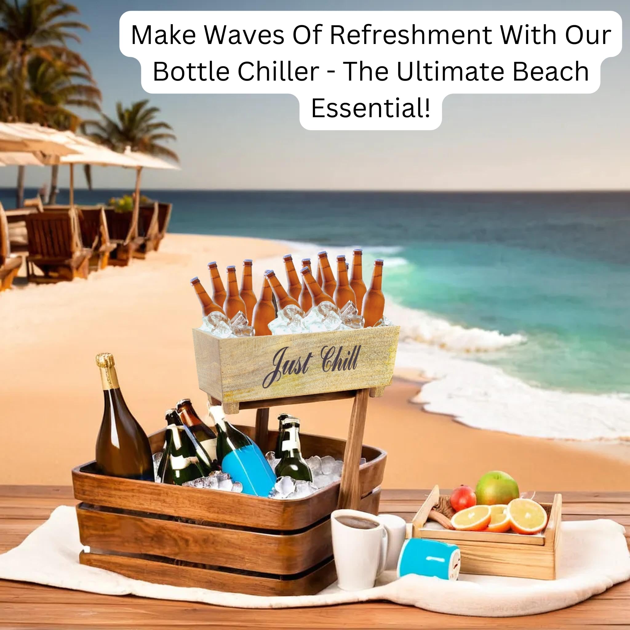 Just Chill Authentic Wooden Large Wine Cooler & Stainless Steel Ice Bucket | Handcrafted Wooden Wine Chiller | Perfect for Parties, Weddings & Outdoor Entertaining | Nagina International