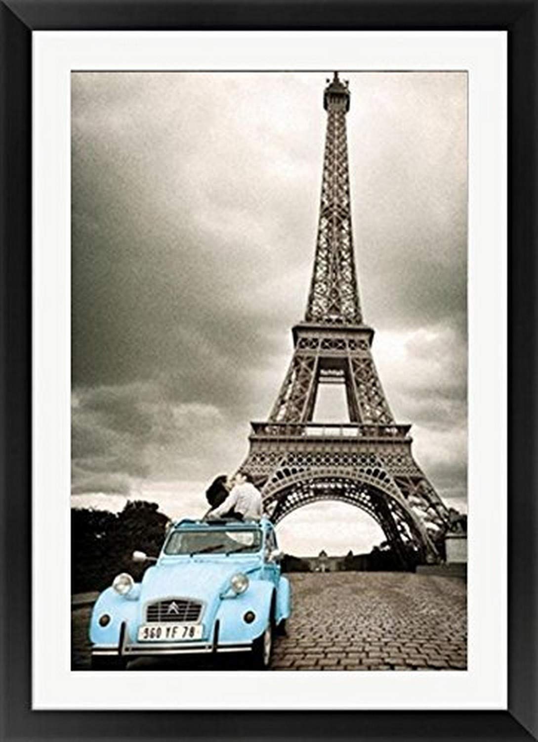 BuyArtForLess Framed Paris Romance Art Print - Blue Car & Eiffel Tower Black & White Photo Poster 40x28 Inches with Mat, Wall Decor for Living Room, Bedroom & Office