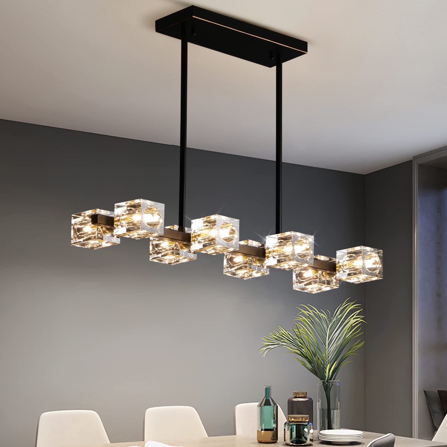 Modern Black Crystal Chandelier with 8 Lights - Cube Pendant Lighting Fixture for Dining Room, Kitchen Island, Bedroom & Living Room | Elegant Ceiling Lamp for Home Decor, Wedding Venues and Restaurants