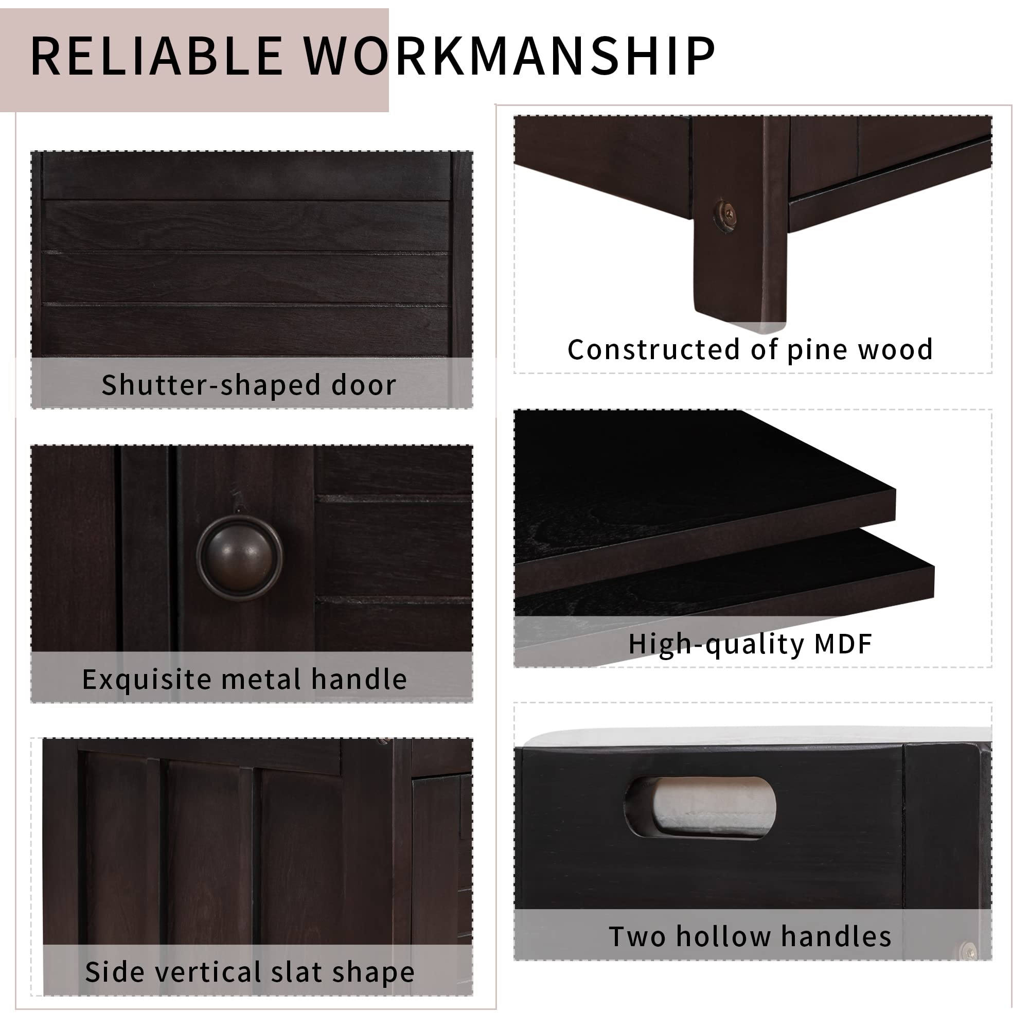 P PURLOVE Wooden Storage Bench with 3 Shutter Doors - Shoe Bench with 2-Size Storage Space, Removable Cushion & Hidden Compartment - Perfect for Living Room Entryway, Hallway, Bedroom & Mudroom Organization