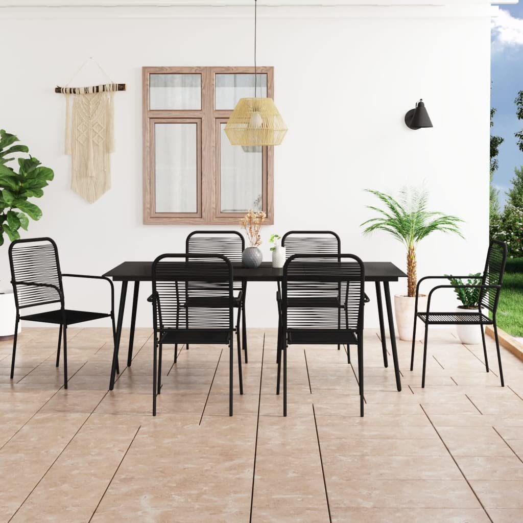 vidaXL 7-Piece Scandinavian Style Patio Dining Set - Black Outdoor Furniture with Cotton Rope Seats & Tempered Glass Table Top for Garden, Balcony, Backyard, and Indoor Use