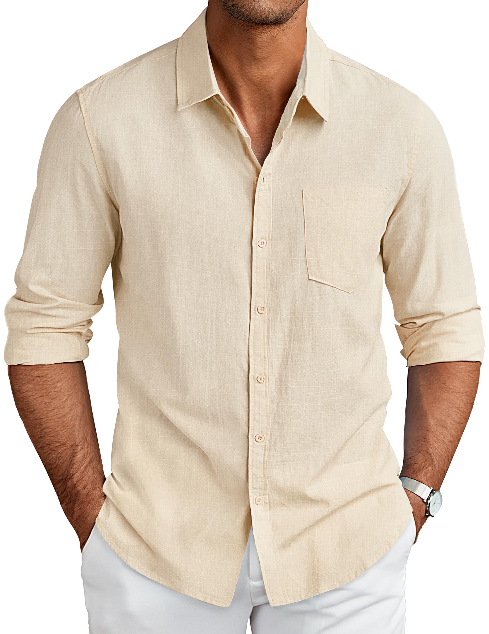 COOFANDY Men's Long Sleeve Button Down Shirt | Casual Linen Dress Shirt for Beach & Office | Breathable Untucked Summer Shirt in Khaki - Perfect for Vacation, Business Casual & Outdoor Activities