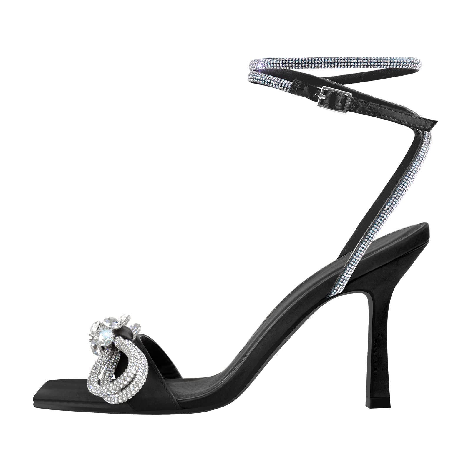 LISHAN Women's Satin Bow Knot Crystal Rhinestone Buckle Square Open Toe Heel Sandals - Elegant Evening Dress Shoes for Prom, Wedding & Party - Black Size 12