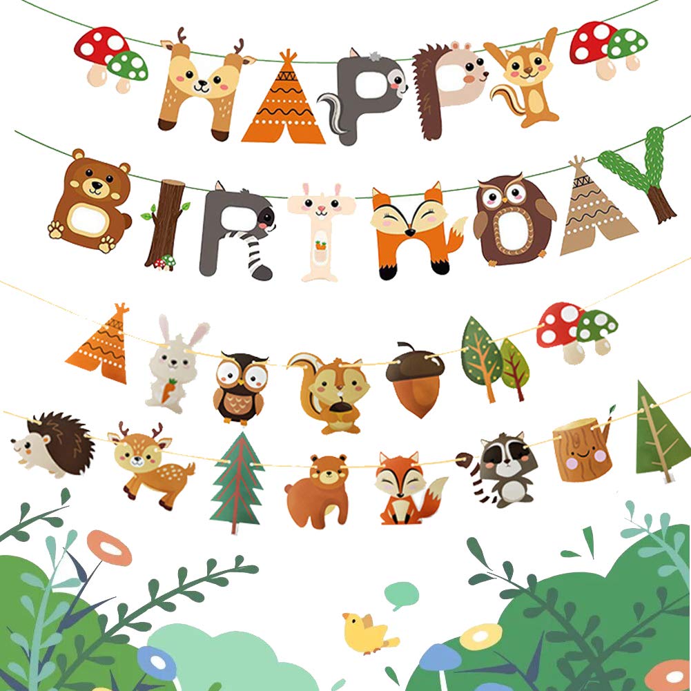 Woodland Birthday Party Decorations - Forest Animal Bunting Garland & Happy Birthday Banner for Kids, Boys & Girls - Perfect for Woodland Themed Parties, Baby Showers & Nursery Decor