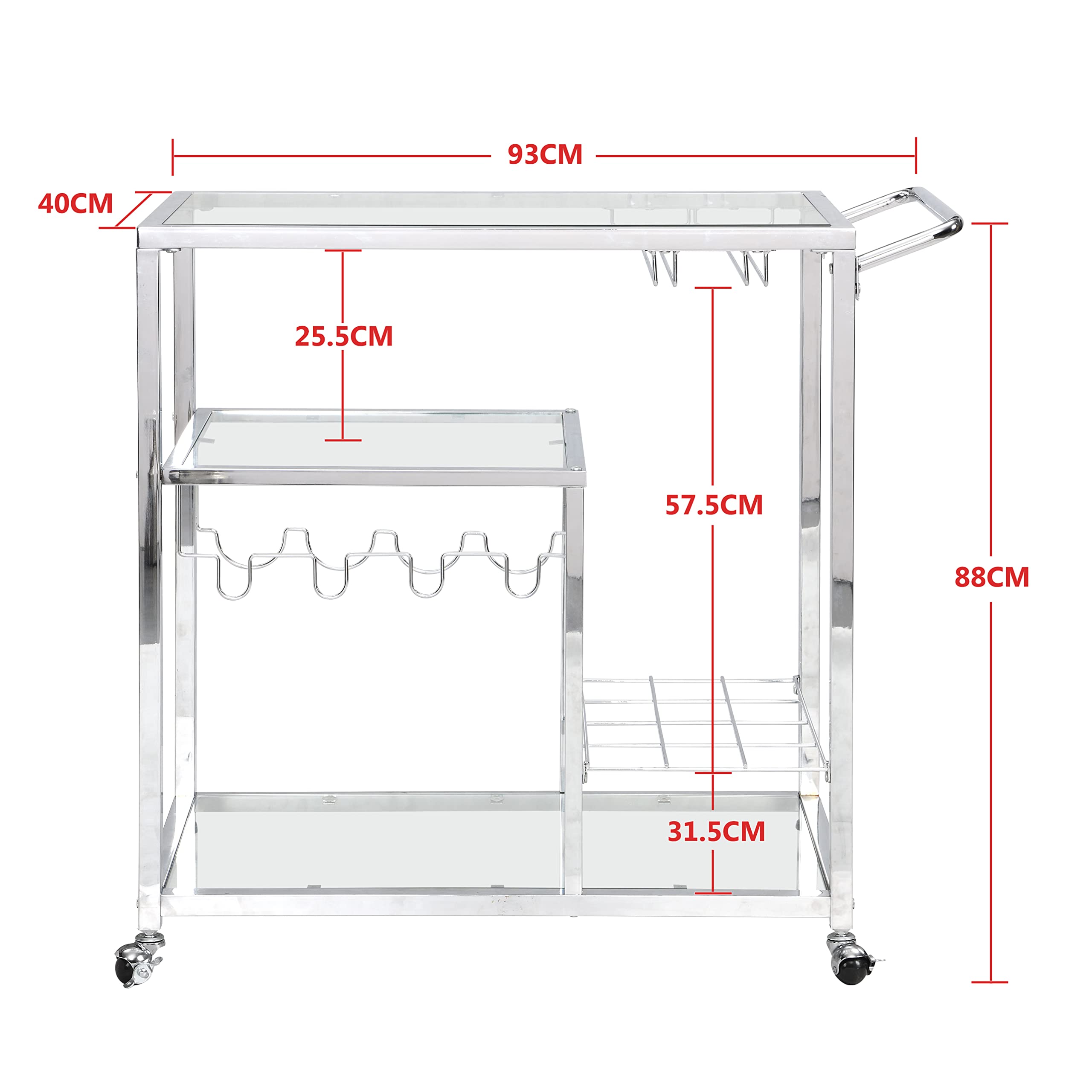 3-Tier Chrome Bar Serving Cart with Glass Shelves - Modern Kitchen Drinks Trolley for Wine Storage & Beverage Service - Perfect for Home Bars, Parties & Restaurant Use