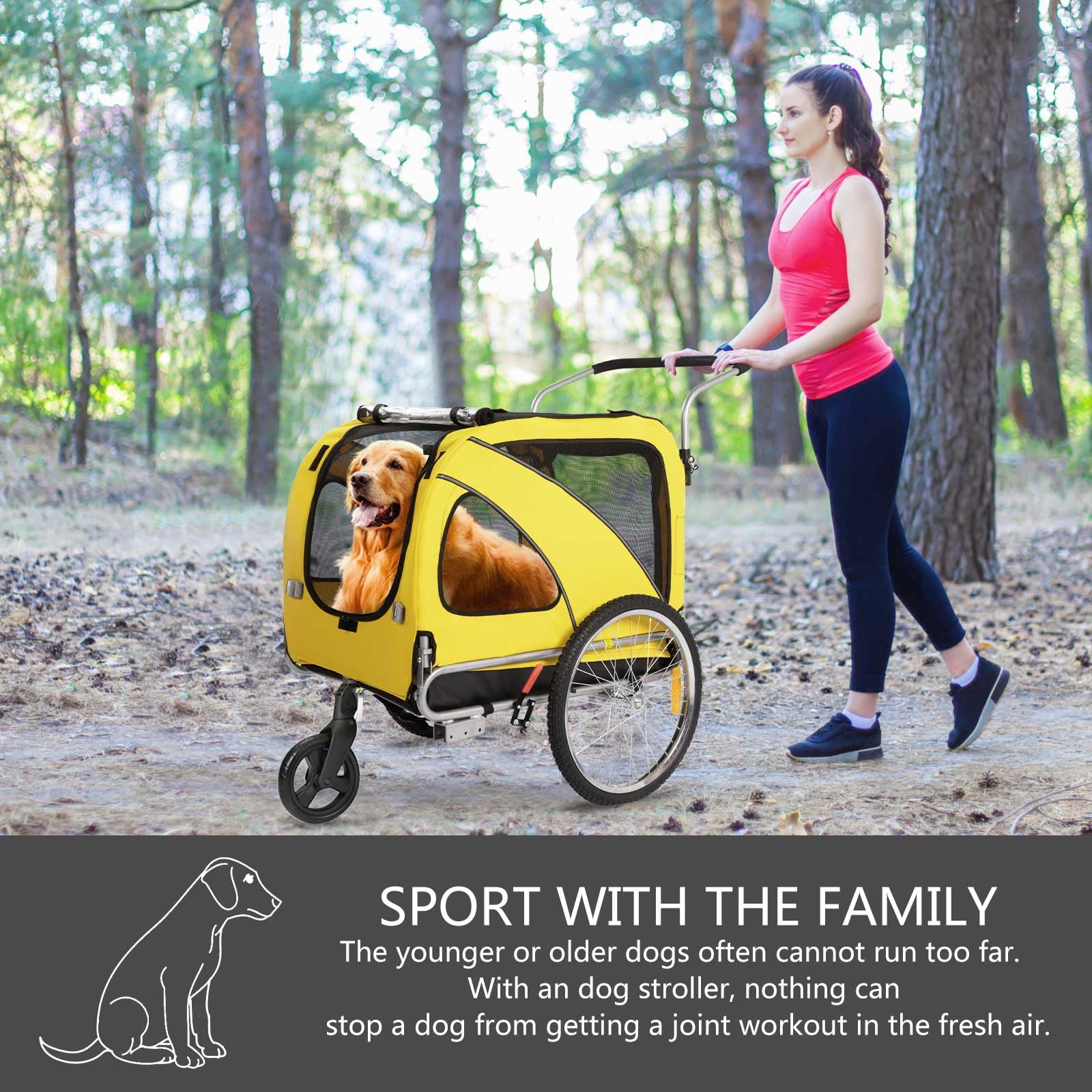 Sepnine 2-in-1 Large Dog Bike Trailer & Pet Stroller - Foldable Frame with Hand Lock Brakes, Universal Bicycle Coupler (Yellow) - Perfect for Cycling Adventures & Outdoor Walks with Your Dog