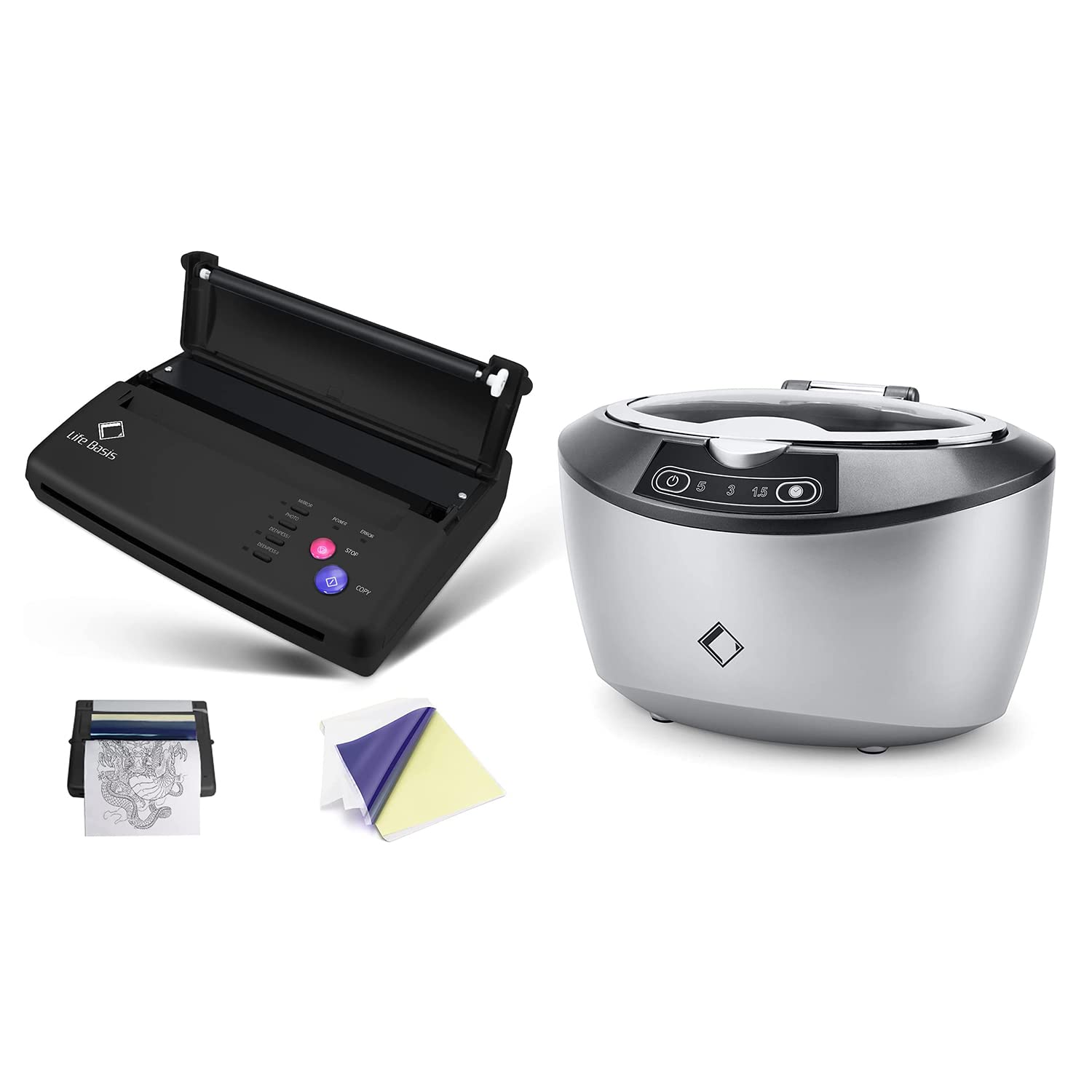 Life Basis Professional Tattoo Transfer Machine in Black with 750ML Ultrasonic Cleaner Kit - Perfect for Tattoo Artists & Studio Equipment Maintenance