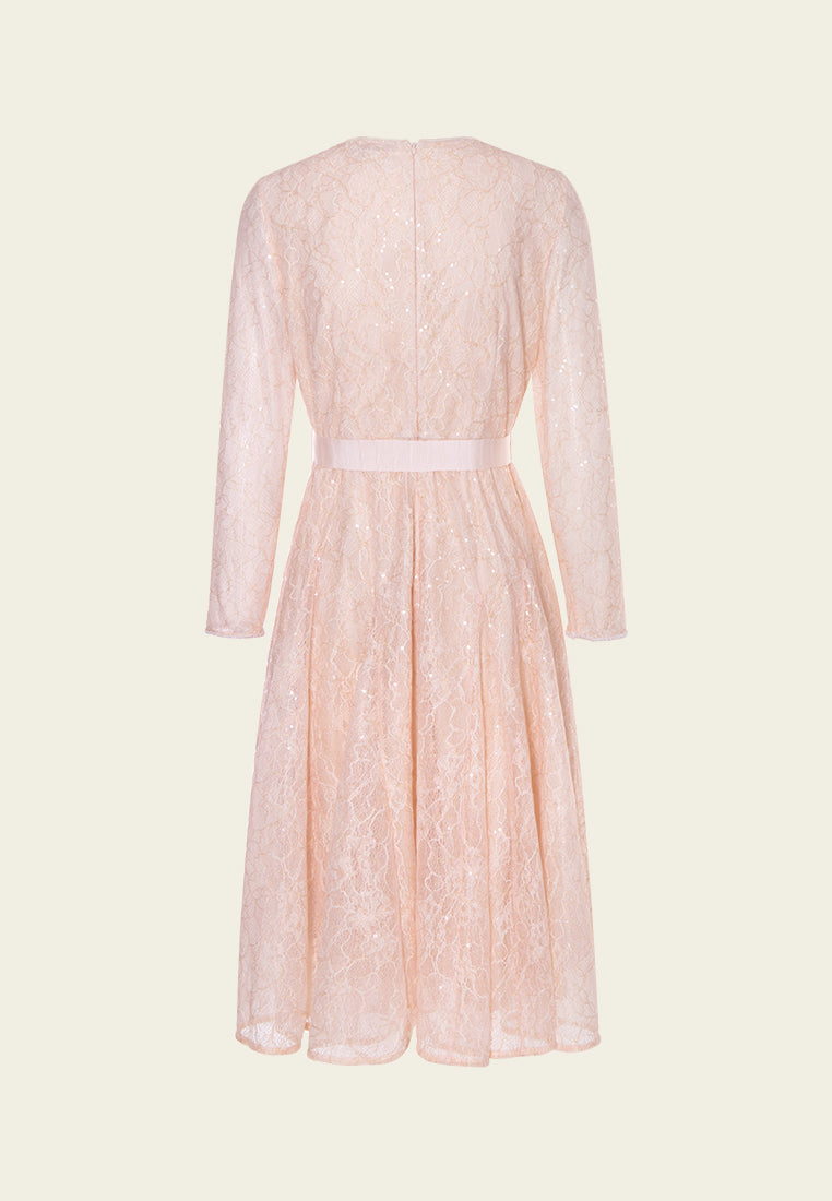 Elegant Belted Sequined Lace Party Dress for Women - Perfect for Evening Events, Weddings & Special Occasions