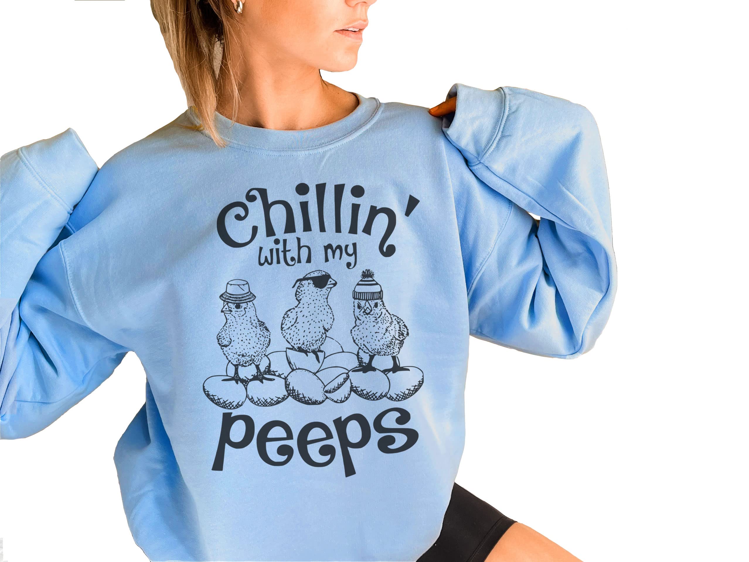 Easter Sweatshirt for Women - Cute Peeps Design Fleece Pullover | Chillin With My Peeps Easter Sweater | Perfect for Spring Outfits & Holiday Gatherings