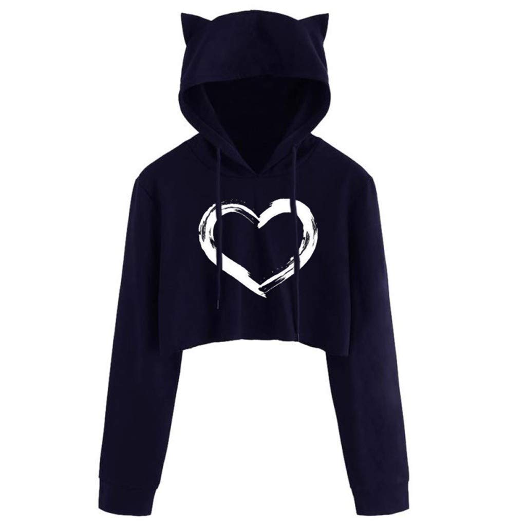 Women's Casual Cat Ear Graphic Crop Top Hoodie - Long Sleeve Pullover Sweatshirt for Streetwear & Loungewear | Perfect for College, Dating, and Weekend Outfits