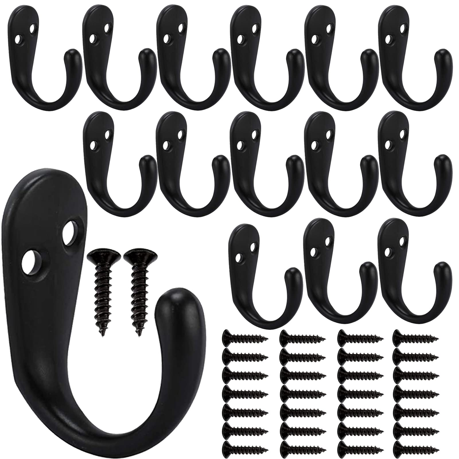 SOEAEODG 15-Piece Black Wall Mounted Coat Hooks - Heavy Duty Robe & Towel Hangers for Bathroom, Kitchen, Garage - Includes 30 Screws (Flat Black) | Perfect for Organizing Coats, Hats & Accessories in Home & Office