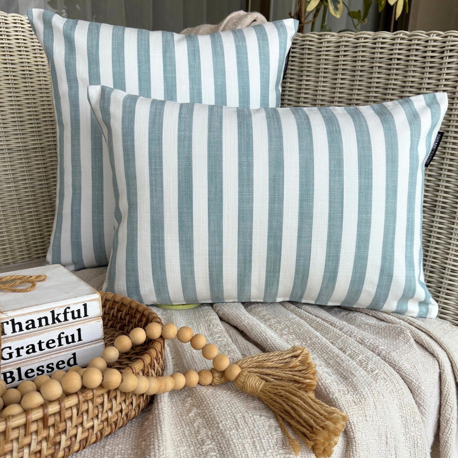 Aqua Cotton Throw Pillow Cover - Soft Plush Striped Cushion Case for Sofa, Bed & Home Decor - 18x18 Inches Blue Teal Accent Pillow