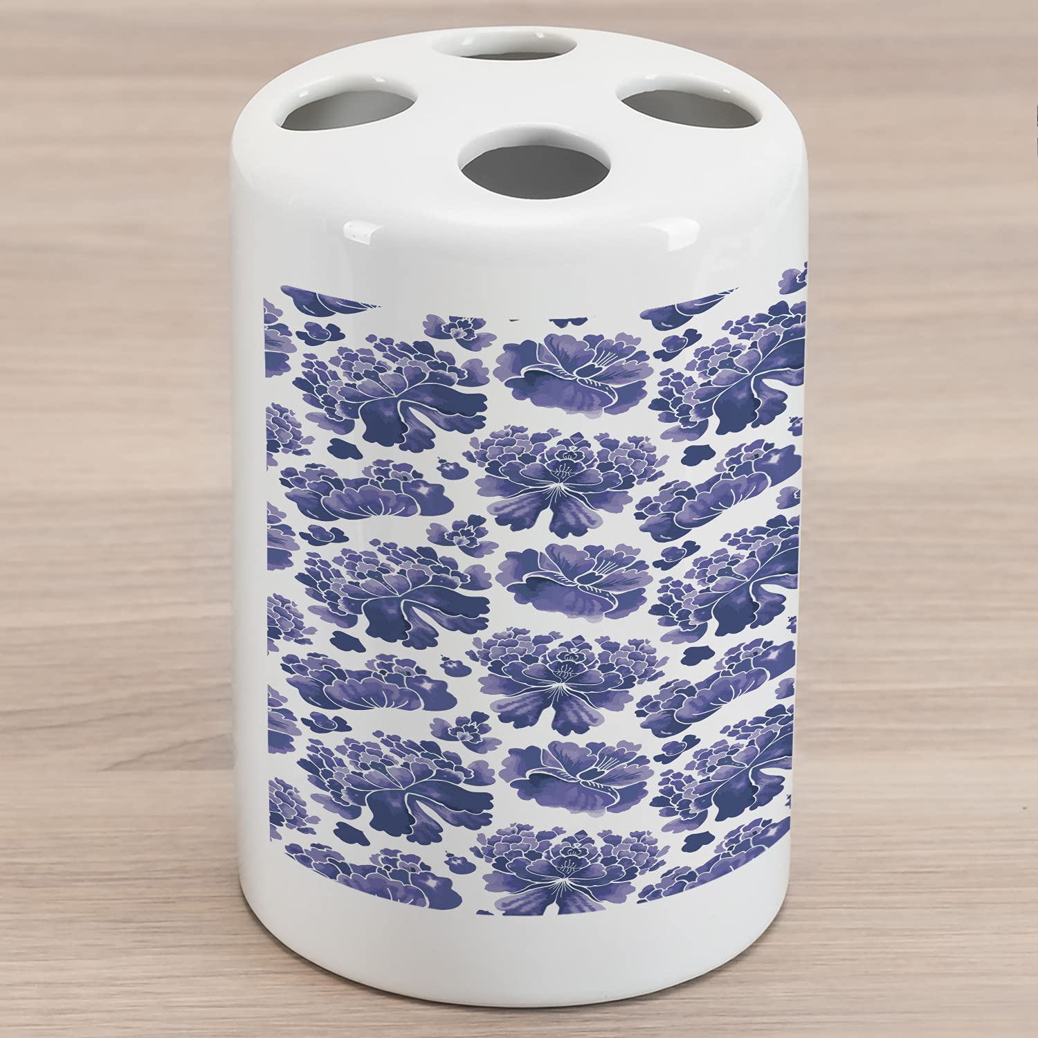 Ambesonne Floral Ceramic Toothbrush Holder - Watercolor Chinese Flower Design, White Bathroom Countertop Decor, 4.5