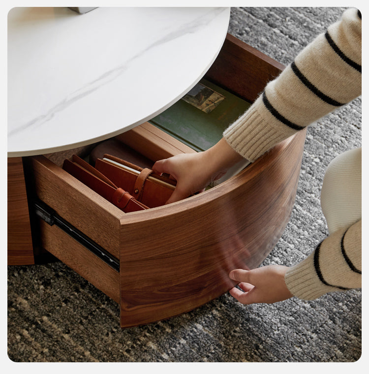 Premium Black Walnut Solid Wood Round Coffee Table - Modern Luxury Rock Plate Design for Living Room, Lounge & Office Decor