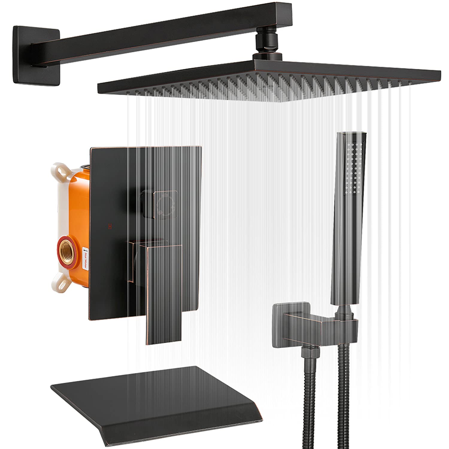 3-Function 10 Inch Oil Rubbed Bronze Rainfall Shower System with Handheld Sprayer & Tub Spout - Complete Bathroom Faucet Set with Rough-In Valve (Perfect for Luxurious Spa-Like Showers & Relaxing Baths)