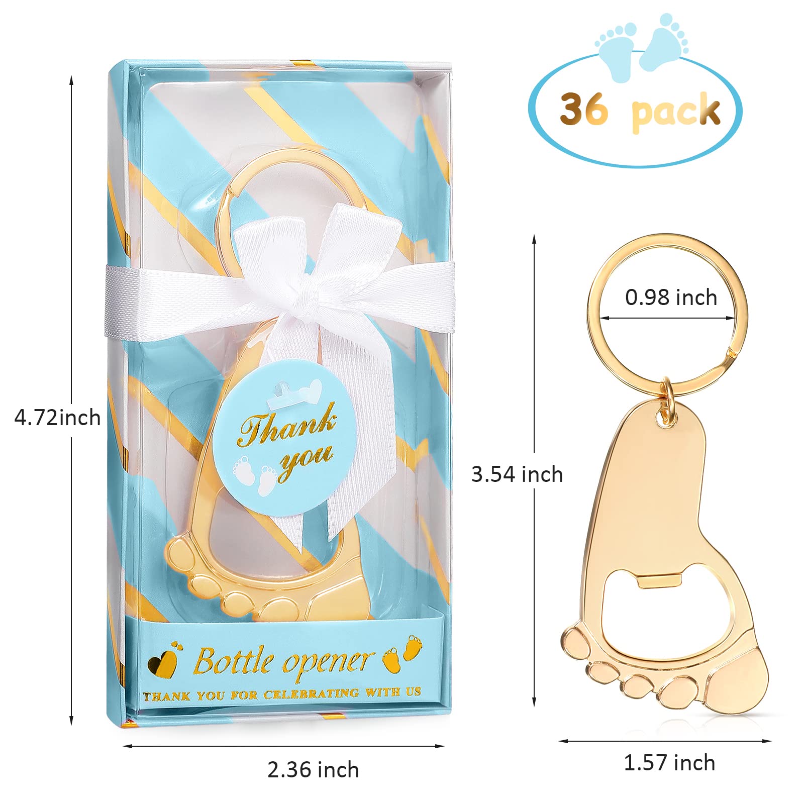 36-Piece Gold Baby Bottle Opener Keychain Set - Baby Shower Favors for Guests, Gender Neutral Footprint Design - Perfect for Baby Showers, Birthday Parties, Wedding & Bridal Showers (Blue) - Great as Party Decorations and Keepsake Gifts
