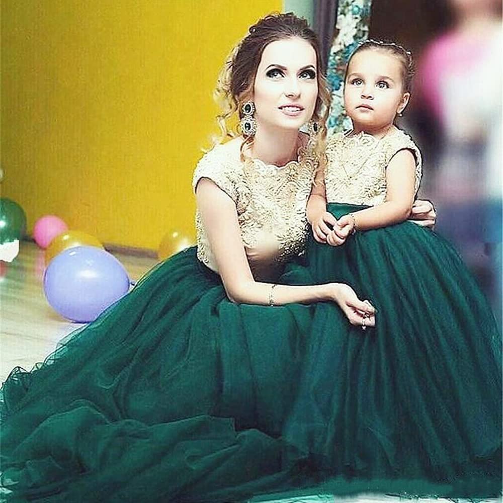 Emerald Flower Girl Dress with Gold Lace for Wedding Party