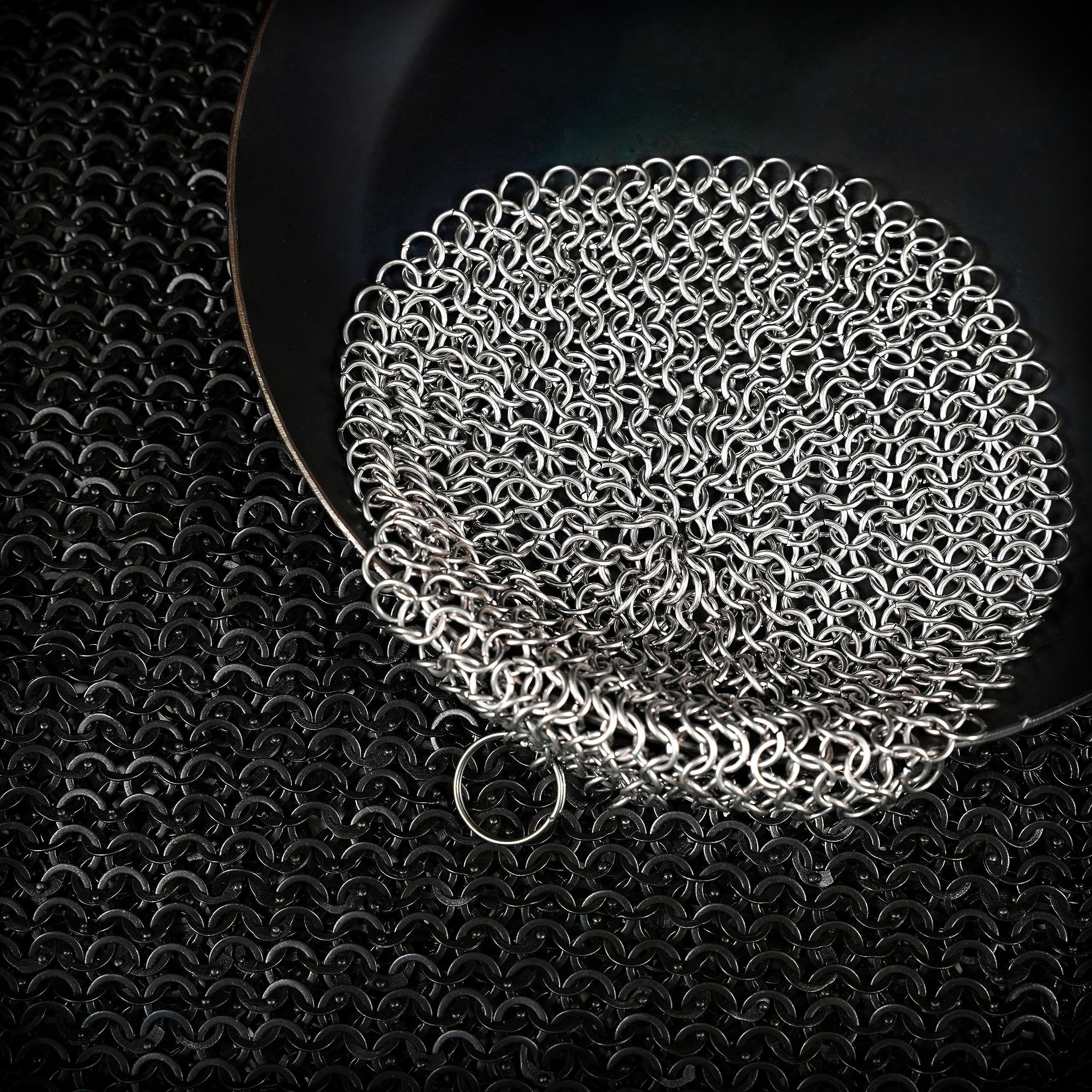 Mythrojan 7-Inch Stainless Steel Chainmail Scrubber for Cast Iron - Heavy Duty Pan Cleaner for Skillet, Wok, Dutch Oven & Cookware - Perfect for Camping, Outdoor Cooking & Kitchen Cleaning