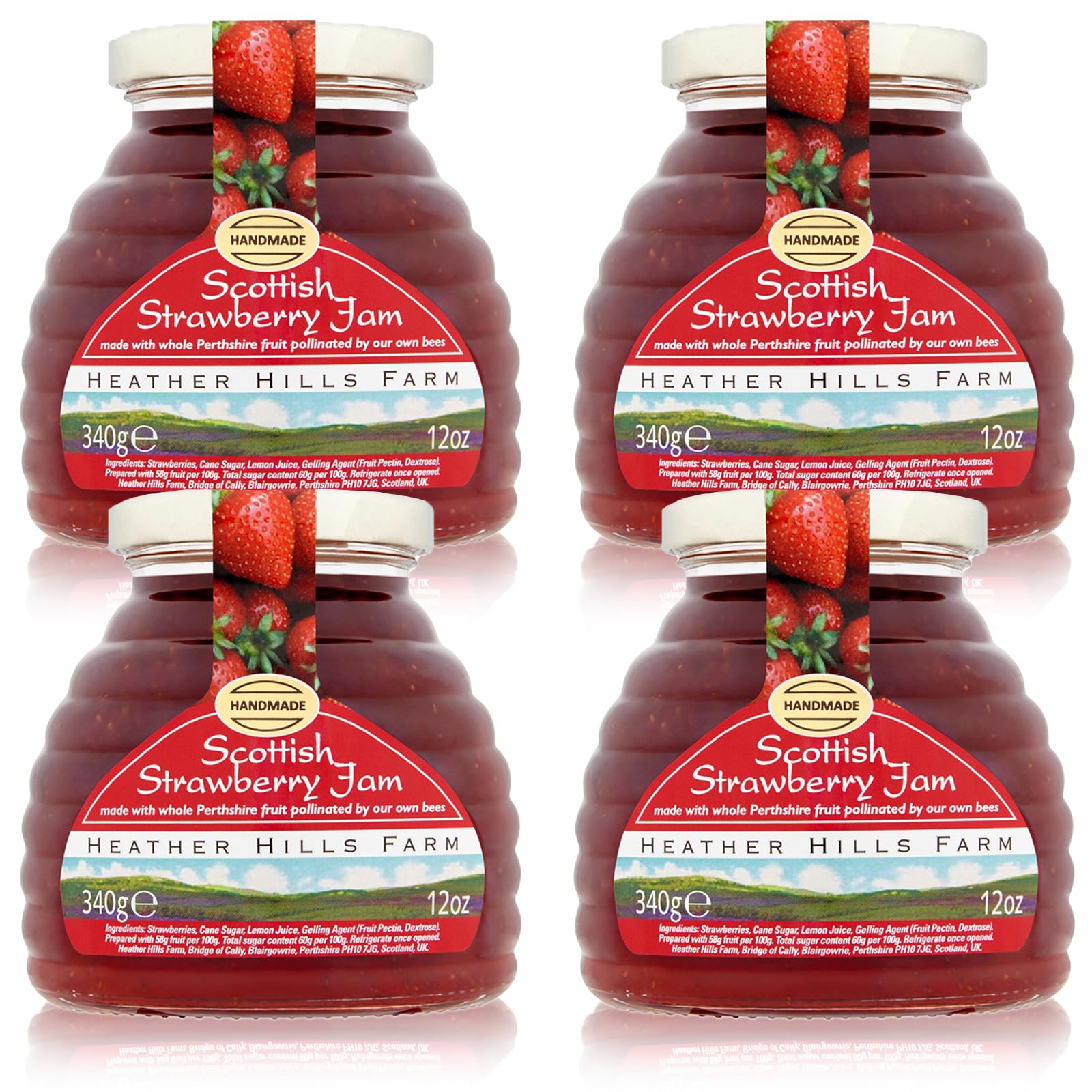 Heather Hills Farm Scottish Strawberry Jam - All Natural & Organic Strawberry Fruit Spread, Handmade with Preserves, 12 Oz (Pack of 4) - Perfect for Toast, Yogurt, Desserts & Gift Giving