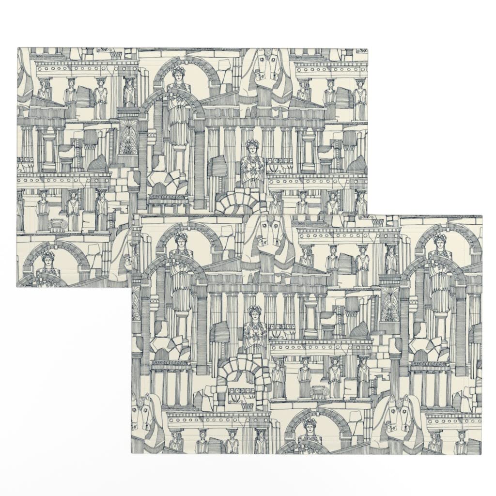 Premium Linen Cotton Canvas Placemats Set of 2 - Ancient Greece Indigo Architecture Greek Art Horse Print Table Mats for Dining, Kitchen Decor, and Gift Giving