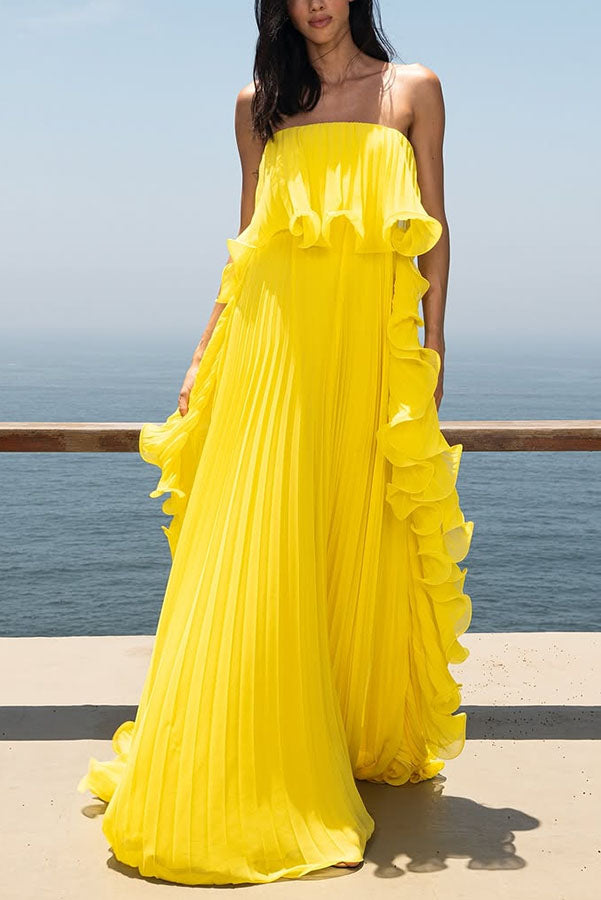 Reina Chiffon Pleated Wavy Ruffles Trim Strapless Loose Maxi Dress - Elegant Summer Beach Wedding Party Gown for Women
