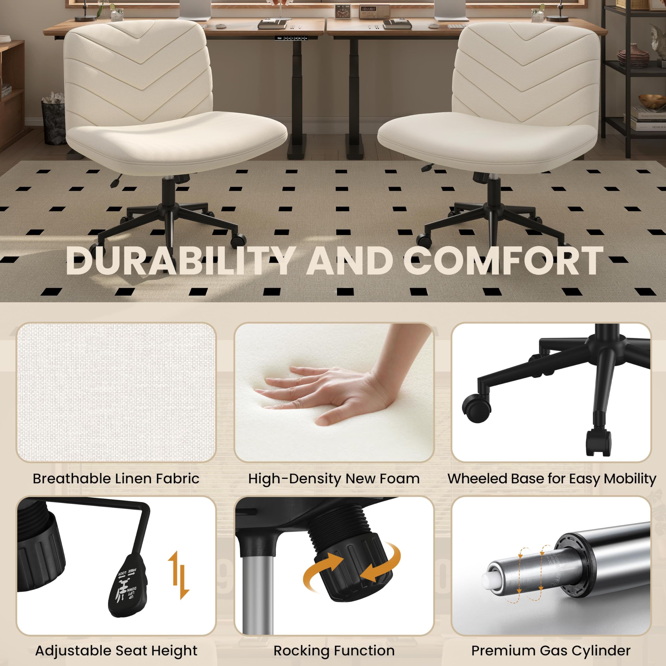 Yaheetech Ergonomic Wide Criss Cross Chair with Wheels - Adjustable Swivel Armless Office Chair for Home & Workspace, Comfortable Computer Desk Chair for Work, Gaming & Study - Beige Modern Vanity Chair for Bedroom & Dressing Room