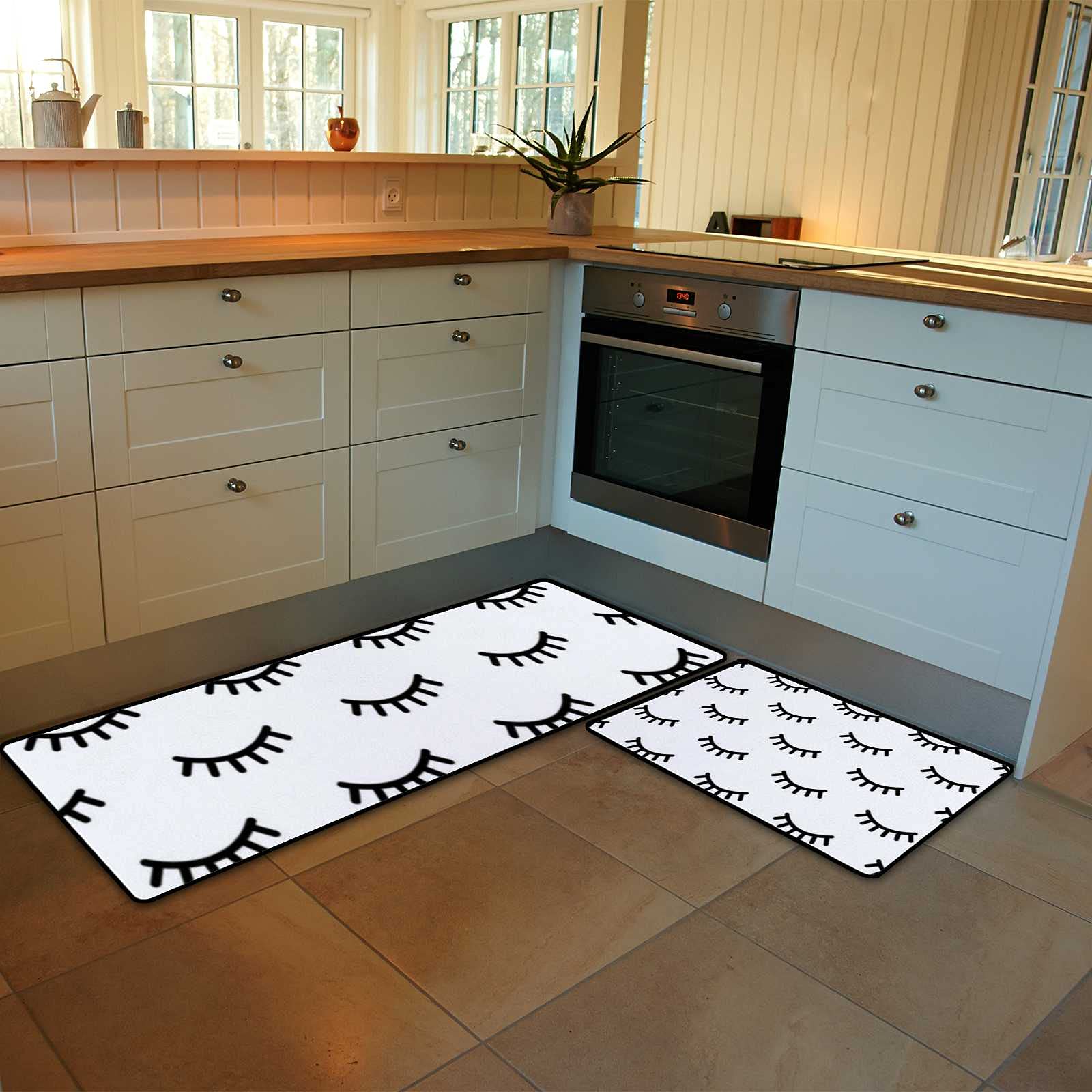 Non-Slip Cartoon Eyelashes Doodle Kitchen Rugs Set - 2 Piece Absorbent Coral Velvet Washable Floor Mats (17.7x29.1Inch + 17.7x58.2Inch) - Perfect for Kitchen, Entryway, and Laundry Room Decor