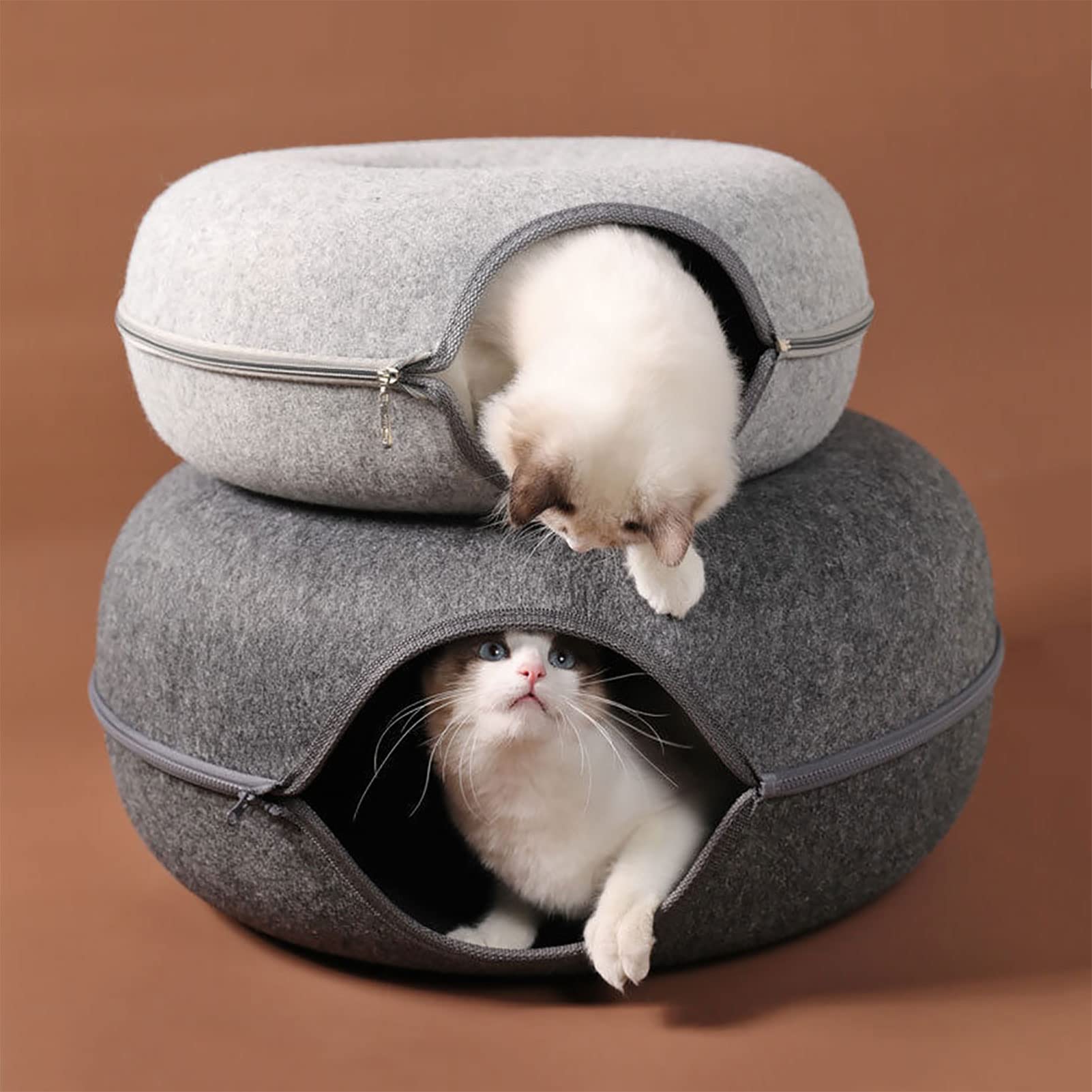 Durable Scratch-Resistant Cat Tunnel Bed with 3 Interactive Toys - Cozy Donut Pet Bed for Indoor Cats up to 9 lbs (Medium 20x20x9, Light Grey) - Perfect for Playtime, Napping & Small Space Cat Comfort
