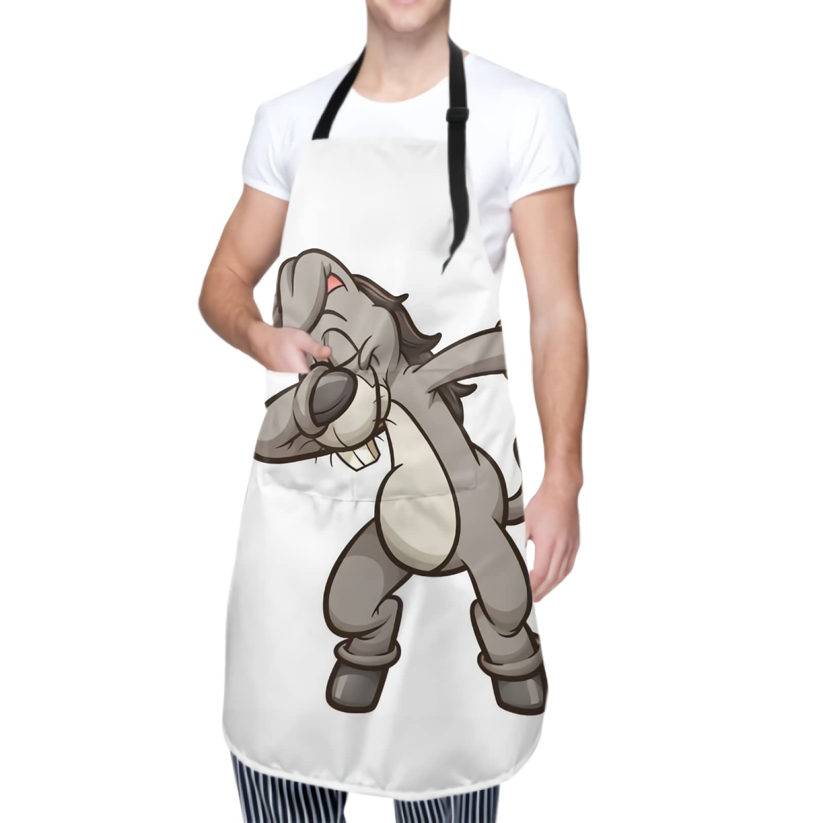 Anyako Gray Cartoon Donkey Dancing Kitchen Apron - Cute Unisex Cotton Cooking Apron with Pockets for Baking, BBQ & Home Decor - One Size Fits All
