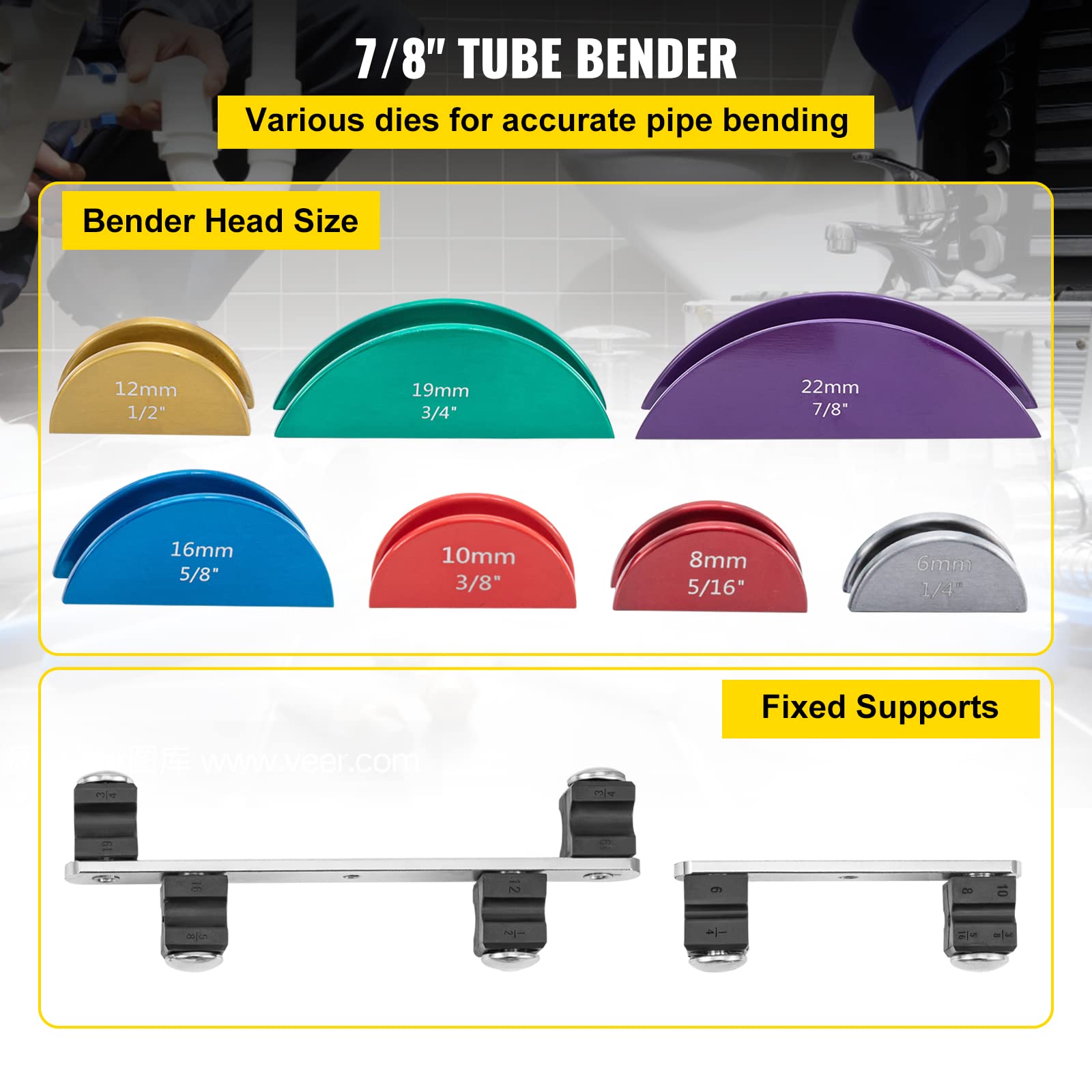 VEVOR Copper Pipe Bender Kit with 7 Colorful Dies (1/4-7/8 inch) - 90° Forward & Reverse Bending Tool for 6-22mm Copper & Aluminum Tubes - Includes Reverse Bend Attachment - Perfect for Plumbing, HVAC, and DIY Home Improvement Projects
