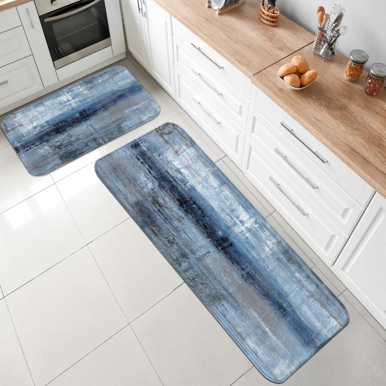 Non-Slip Washable Blue and Grey Abstract Art Kitchen Rugs Set - 47.5