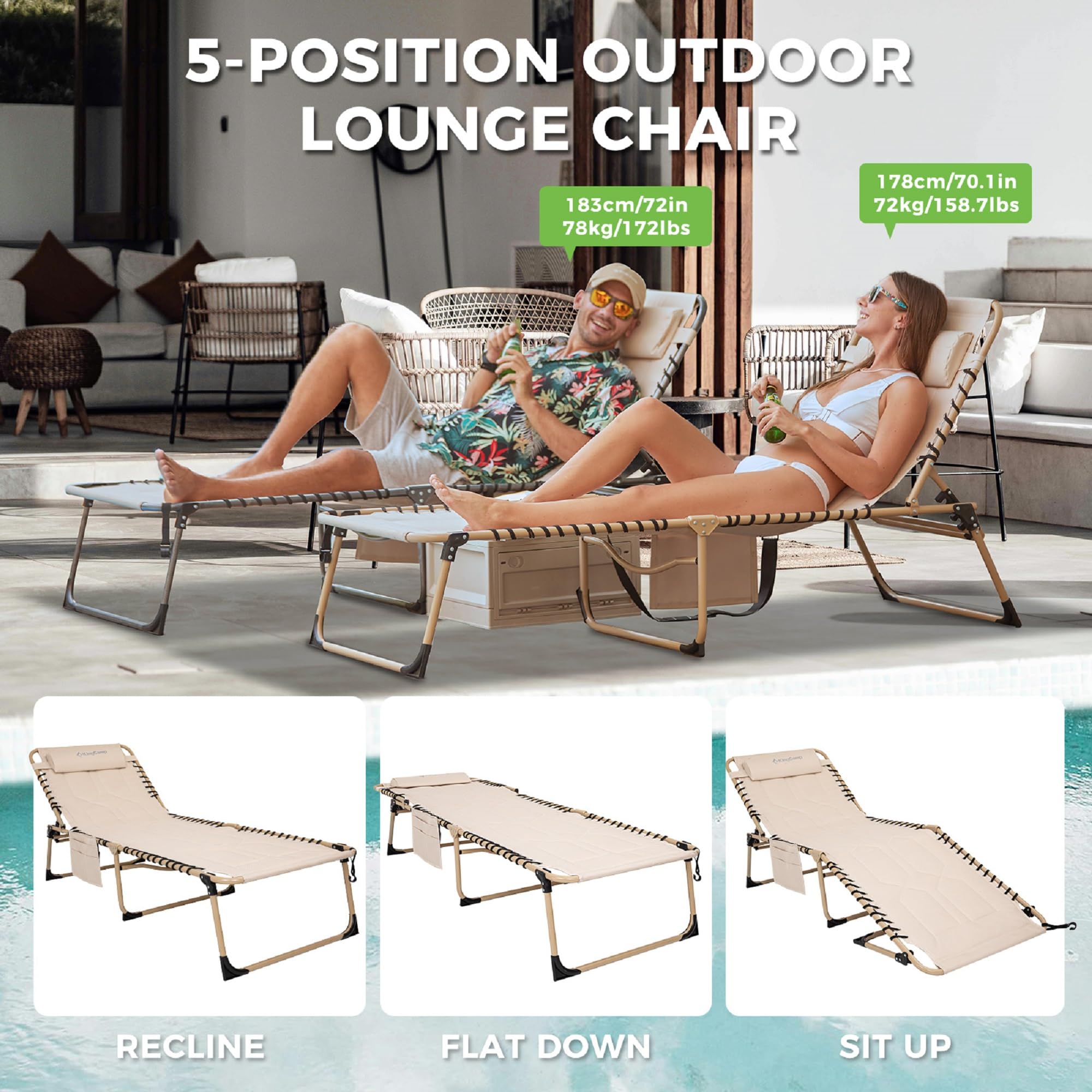 KingCamp Oversized Padded Folding Chaise Lounge Chair - Heavy Duty Adjustable Recliner with Pillow & Storage Pocket for Outdoor, Patio, Beach, Pool - Perfect for Sunbathing, Tanning & Relaxing in Beige
