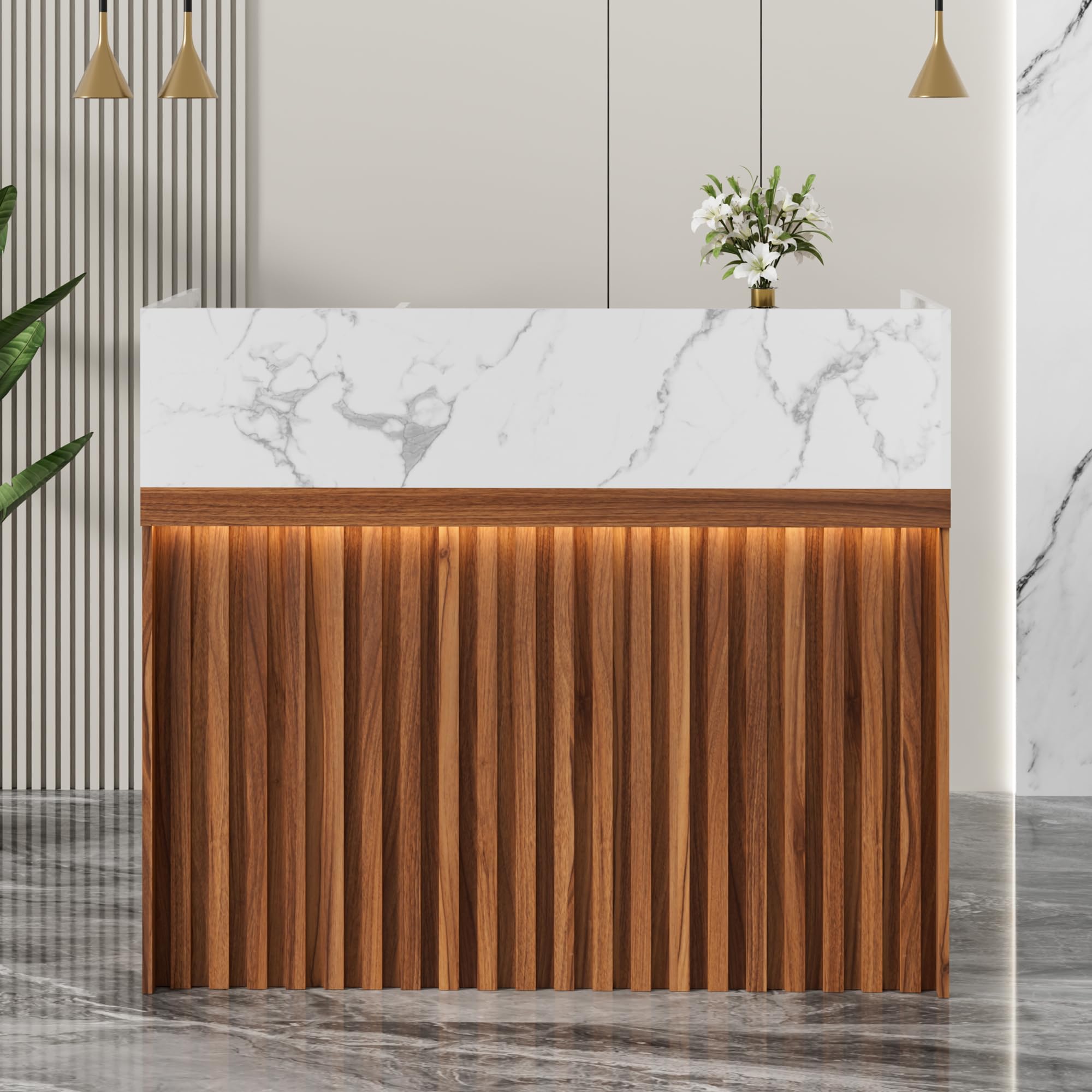Modern Reception Desk with Counter - Marble Top Front Desk with LED Lights & Cable Grommet for Office, Beauty Salon, Hotel Lobby | Durable Checkout Counter for Retail Stores & Home Office Workspace