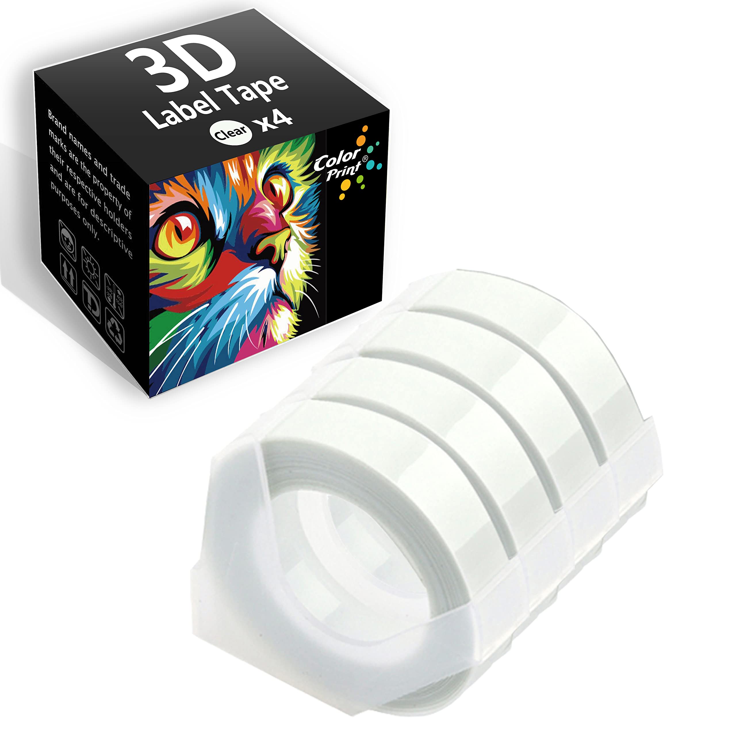 Dymo 3D Embossing Label Tape Replacement - 4 Clear Rolls Pack Compatible with Organizer Xpress Pro, Motex, Omega Home, Junior Embosser & Office-Mate II Label Makers | Plastic Label Maker Refill for Home & Office Organization
