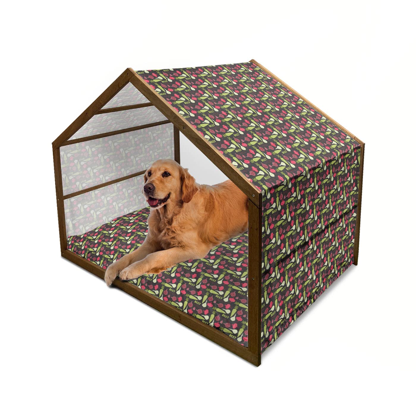 Ambesonne Wooden Dog House - Onion, Pepper & Garlic Print on Dark Background with Hearts, Indoor & Outdoor Portable Pet Kennel with Pillow & Cover, X-Large Multicolor - Perfect for Backyard, Patio or Home Decor