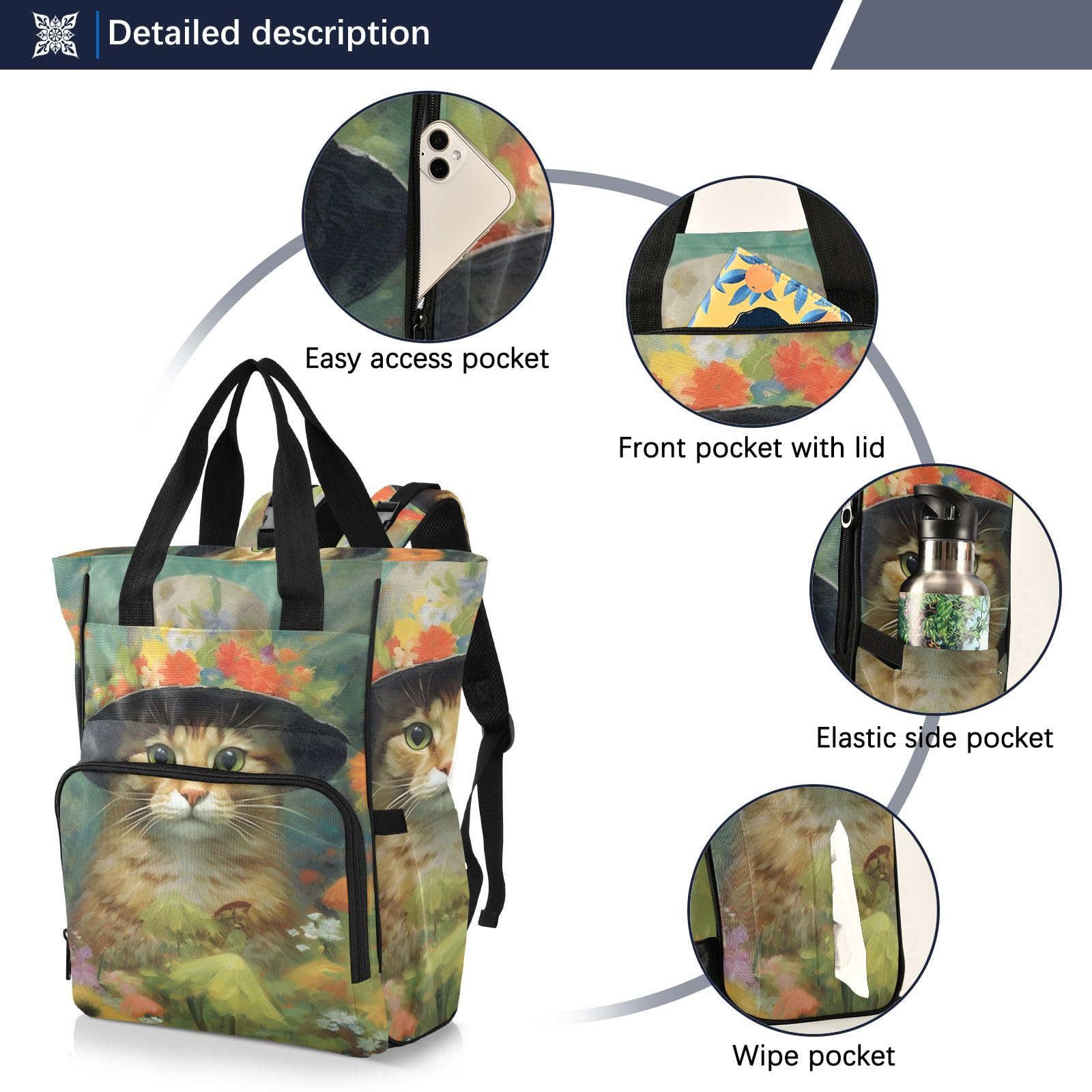 Stylish Cat Print Diaper Backpack with Insulated Bottle Pocket - Large Baby Changing Bag (11.02×5.91×15.3 IN) - Multicolor Travel Backpack for Parents - Perfect for Daycare, Outings & Family Trips