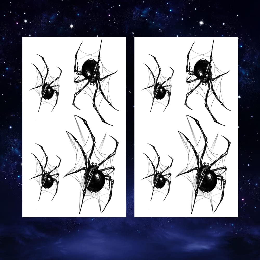 3D Realistic Black Spider Web Temporary Tattoo Stickers - Waterproof Fake Body Art for Halloween (Set of 4) | Scary Horror Designs for Hand, Neck, Face & Wrist | Unisex Skin Decals for Costume Parties & Cosplay