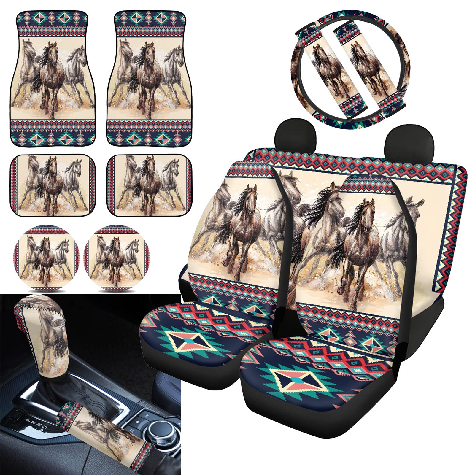 15-Piece Southwest Aztec Horse Car Seat Cover Set with Handbrake Cover, Steering Wheel Cover & Floor Mats - Universal Fit for Most Vehicles | Perfect for Road Trips, Daily Commutes & Gift Giving
