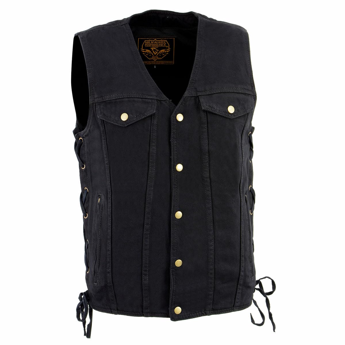Milwaukee Leather DM1360 Men's Classic Black Denim Motorcycle Vest - Adjustable Side Laces, Large Size | Perfect for Biker Riders & Motorcycle Enthusiasts