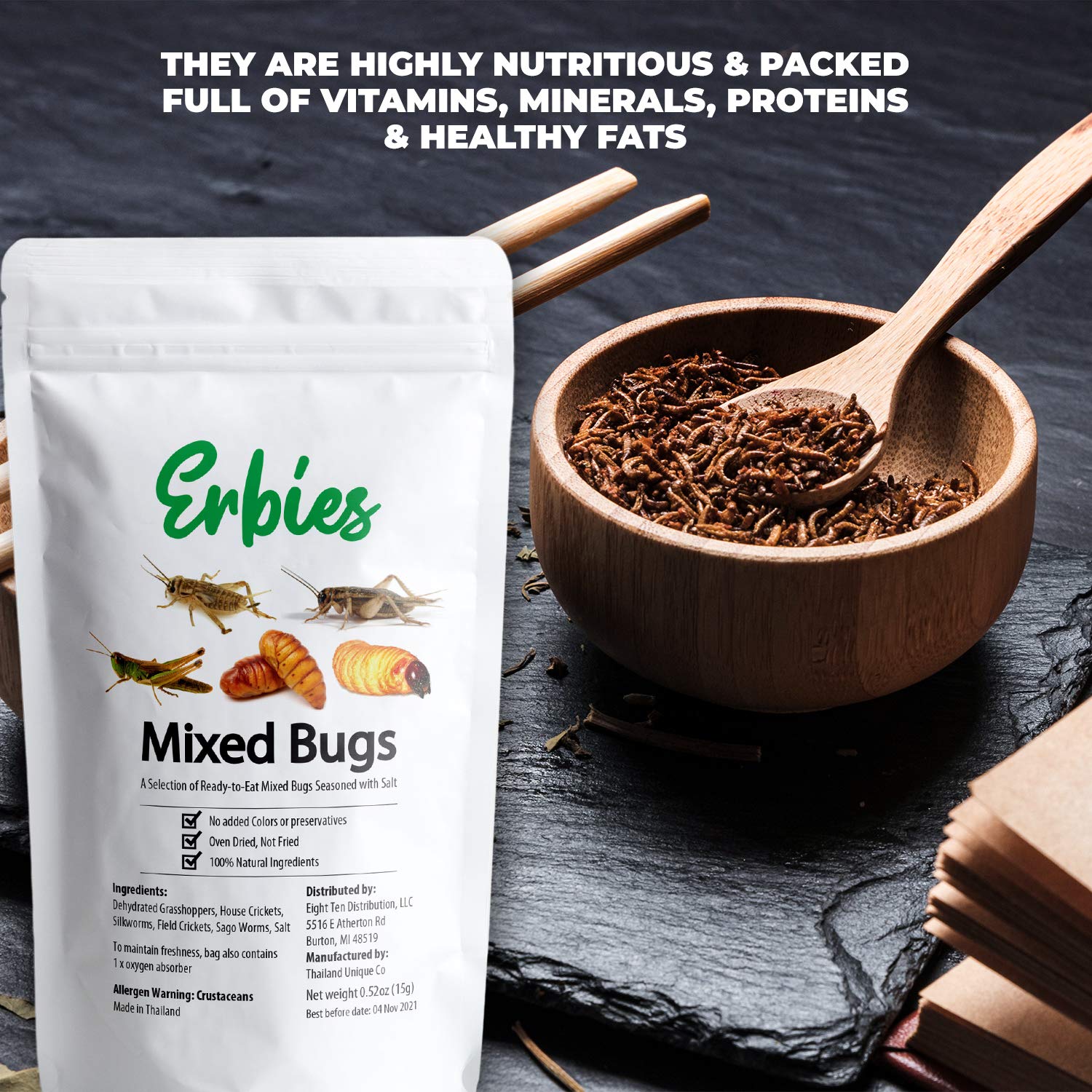 Erbies Edible Bug Trail Mix - 15g Bag of Crunchy Crickets, Grasshoppers, Silkworm Pupae & Sago Worms | High Protein Snack | Unique Gift Idea for Adventurous Eaters | Perfect for Camping, Hiking & Party Snacks