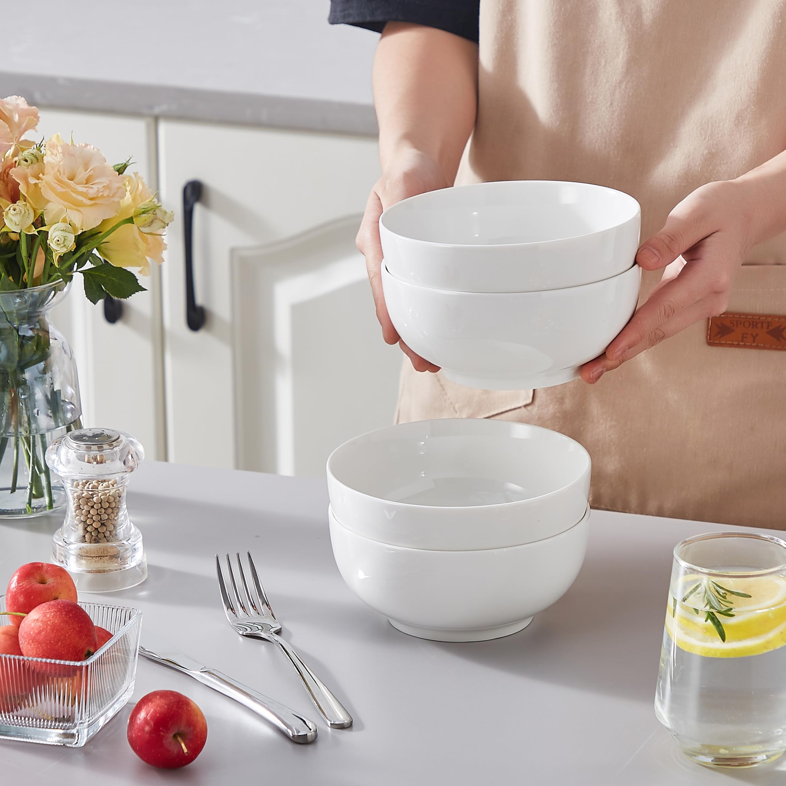 Lareina 6-Inch Ceramic Bowls Set of 4 - Microwave & Dishwasher Safe White Soup Bowls for Cereal, Oatmeal, Fruit, Rice - Perfect for Dining, Entertaining & Everyday Use