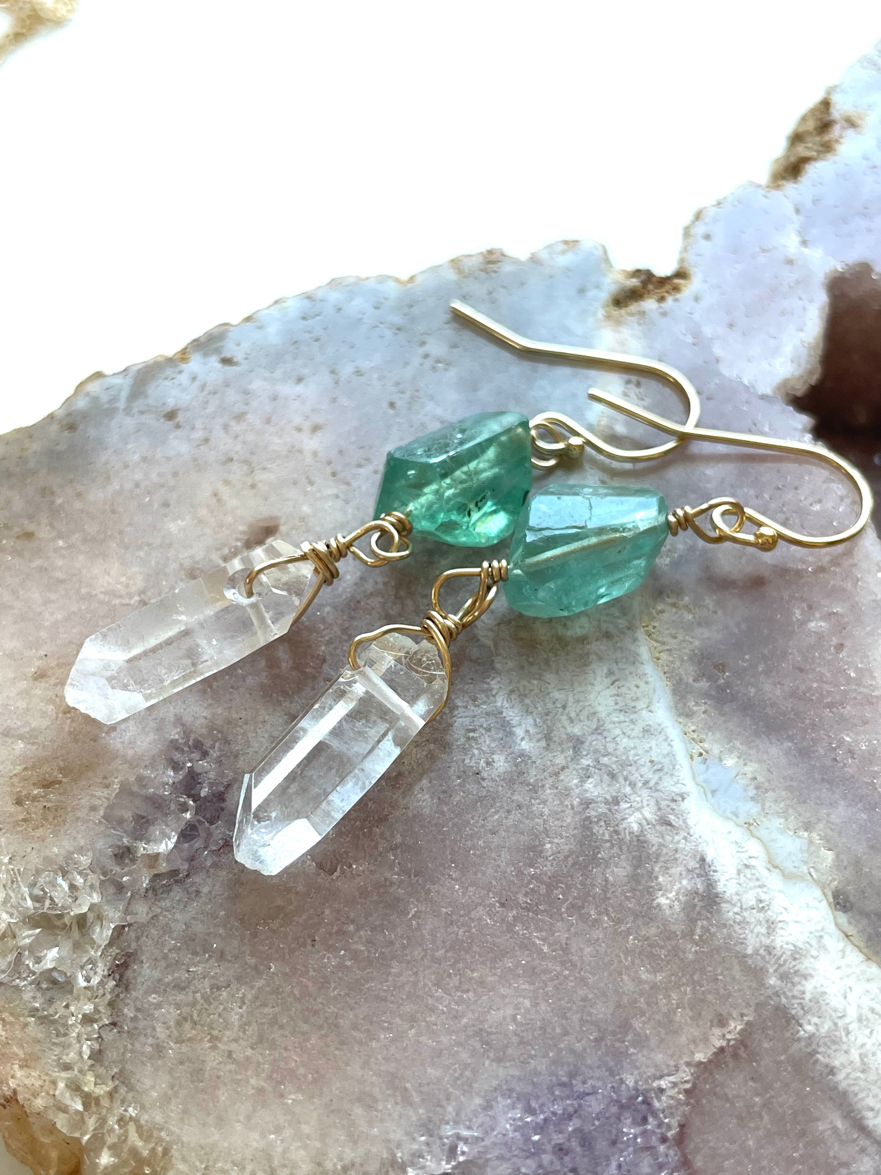 Natural Apatite & Clear Quartz Crystal Earrings in 14K Gold Fill - Elegant Healing Jewelry for Women, Perfect for Everyday Wear, Meditation & Gifting