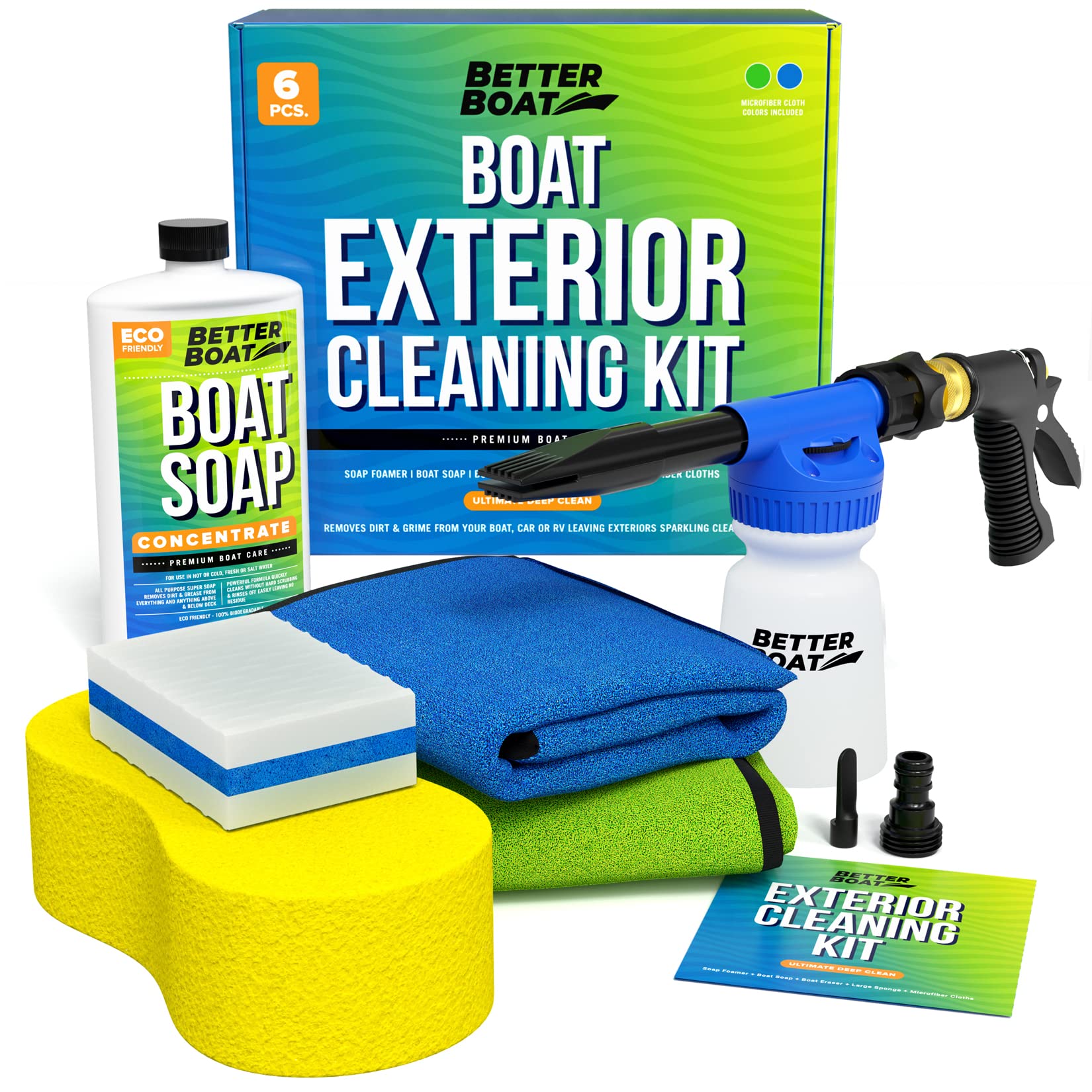 Premium Boat Cleaning Kit - Marine Wash Soap, Foam Cannon, Sponge & Microfiber Towels - Pontoon, Fishing & Bass Boat Cleaner - RV & Watercraft Supplies - Perfect Boating Gifts for Men & Women - Ideal for Spring Cleaning, Pre-Storage Maintenance & Post-Fishing Cleanup