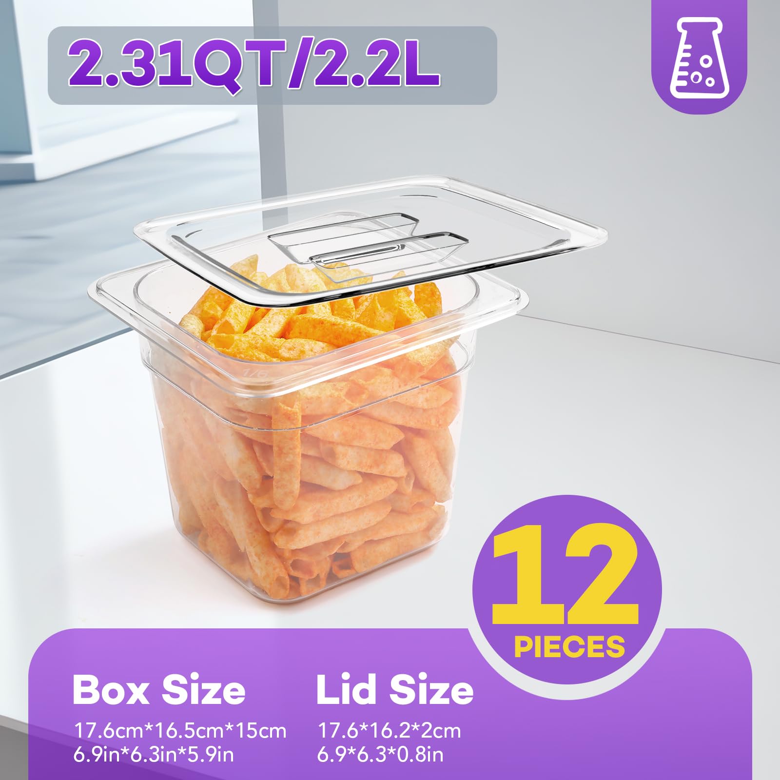 VOISEN 12 Pack 1/6 Size 6 Inch Deep Clear Plastic Food Storage Containers with Lids - Commercial Grade Polycarbonate Fridge Organizers for Salad, Fruits, Vegetables - Perfect for Restaurants, Catering & Home Kitchen Organization