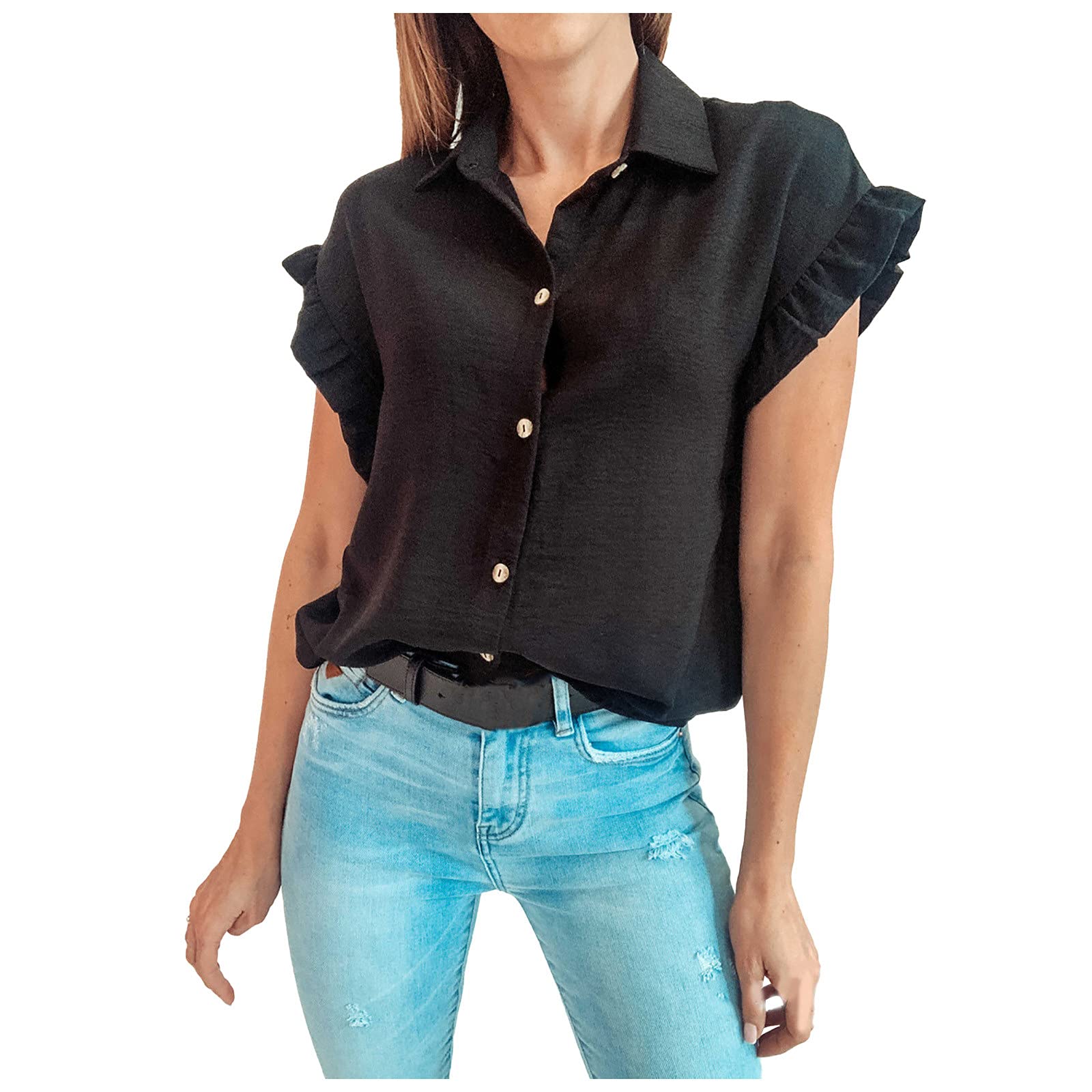 Women's Button-Down Collar Ruffle Sleeveless Summer Blouse - Casual Tank Top for Ladies | Perfect for Beach Outings, Summer Parties & Office Wear